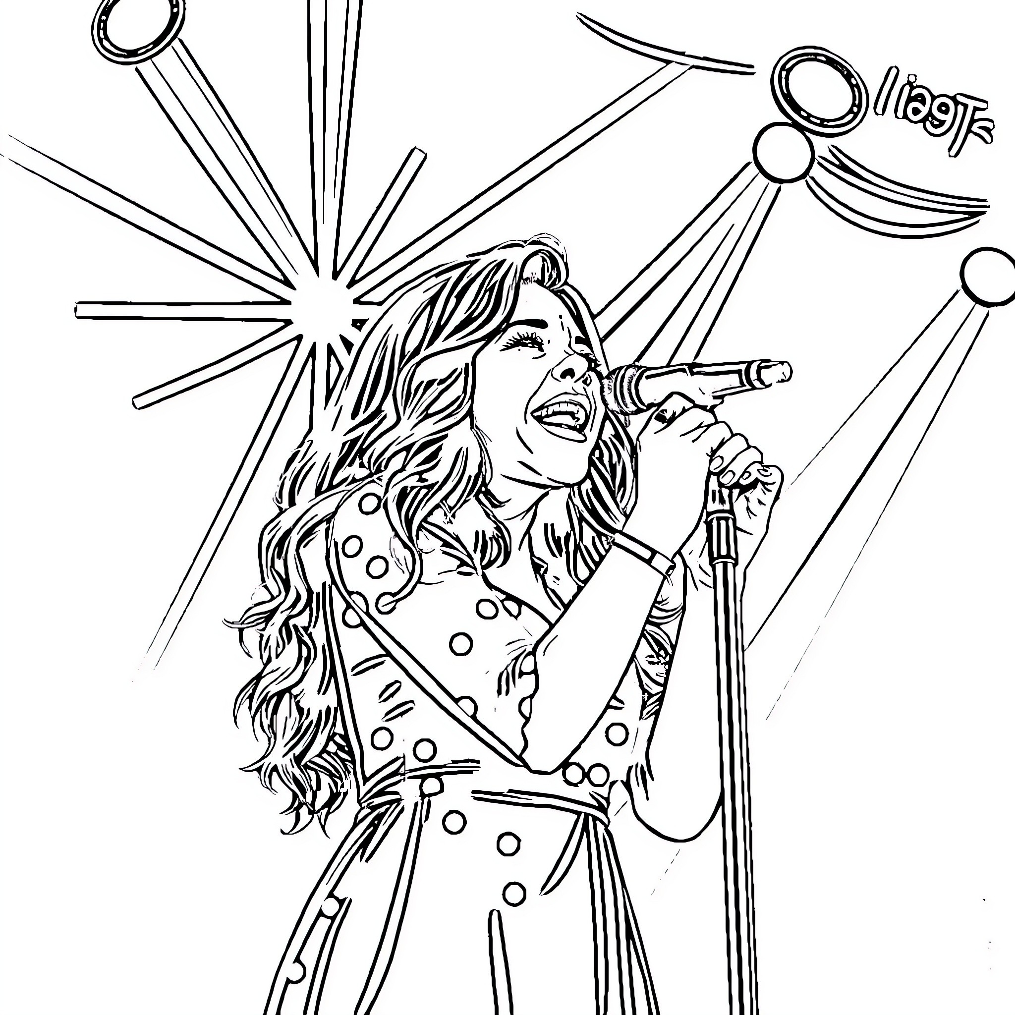 Olivia Rodrigo performing on stage with enthusiasm Coloring Page (free black-and-white line drawing printable PDF for all, from beginners to advanced learners, including children, teens, adults, and seniors)