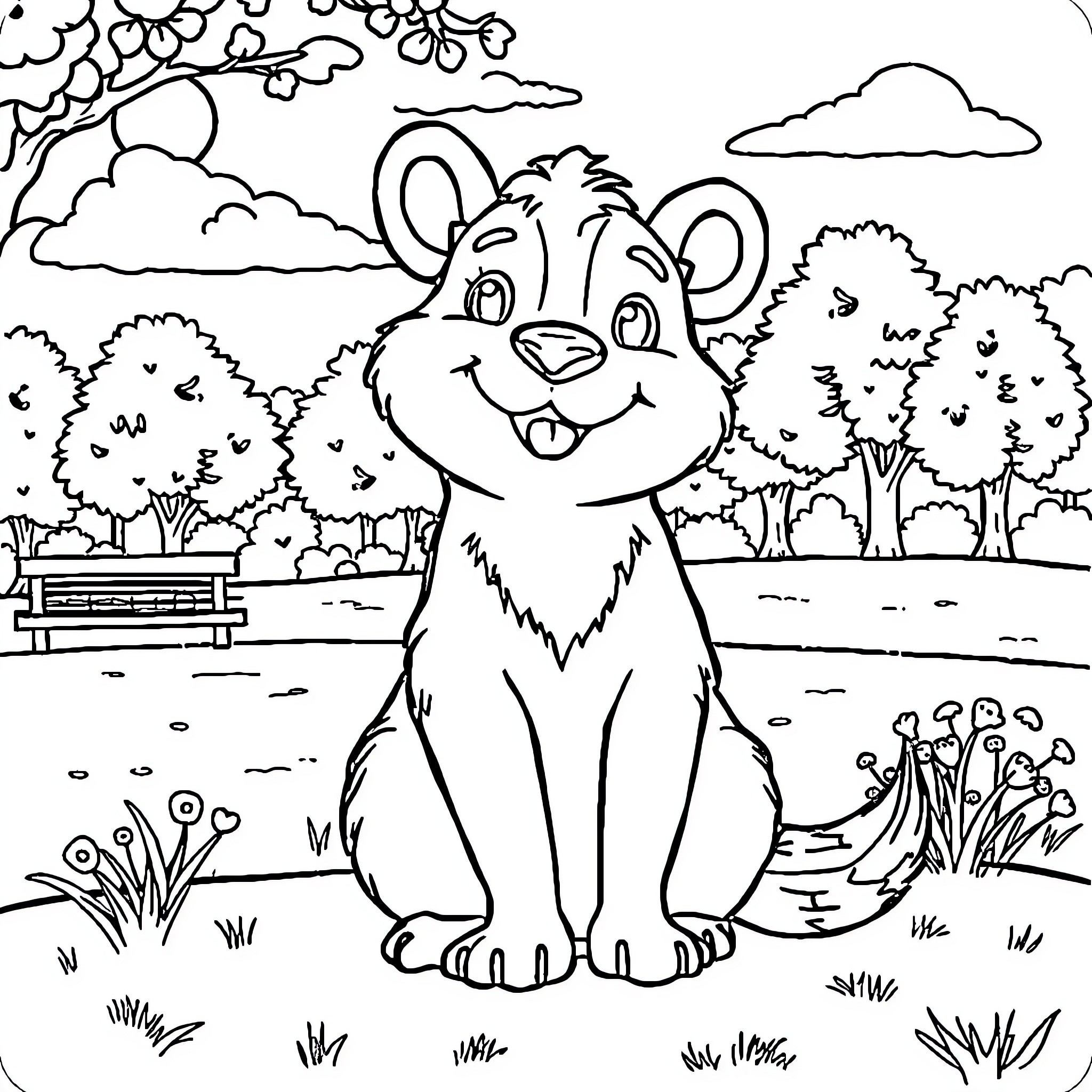 Animal enjoying the park scenery Coloring Page (free black-and-white line drawing printable PDF for all, from beginners to advanced learners, including children, teens, adults, and seniors)