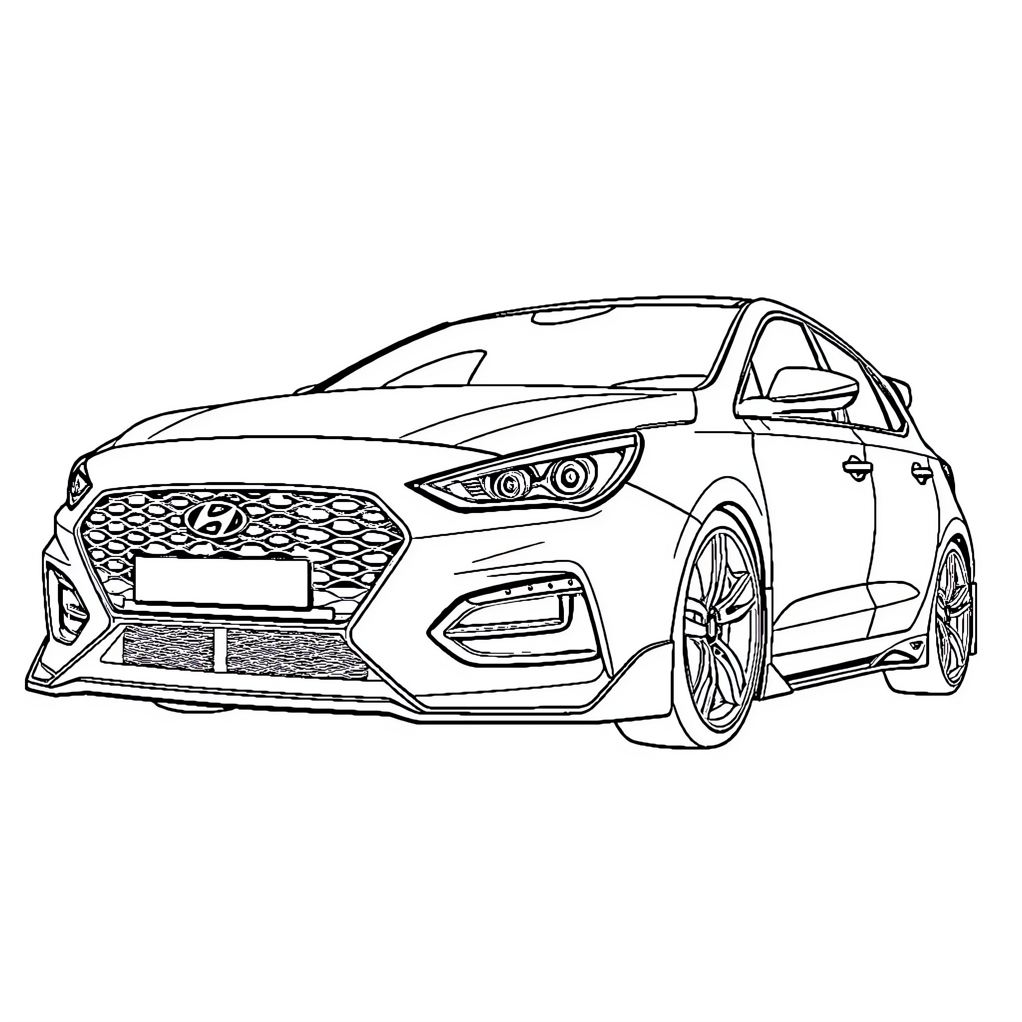 Hyundai I30n high-performance hatchback design Coloring Page (free black-and-white line drawing printable PDF for all, from beginners to advanced learners, including children, teens, adults, and seniors)
