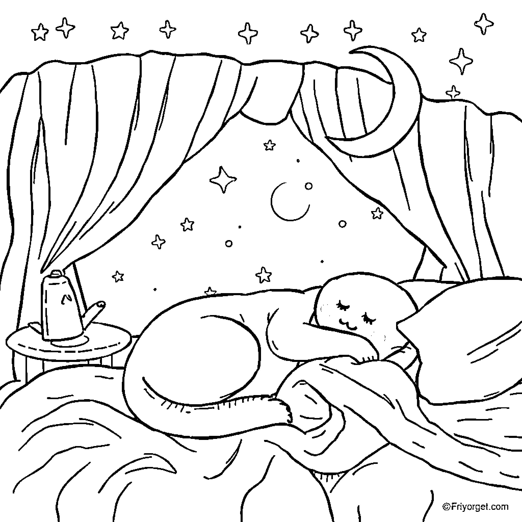 Sleep under the starry night Coloring Page (free black-and-white line drawing printable PDF for all, from beginners to advanced learners, including children, teens, adults, and seniors)