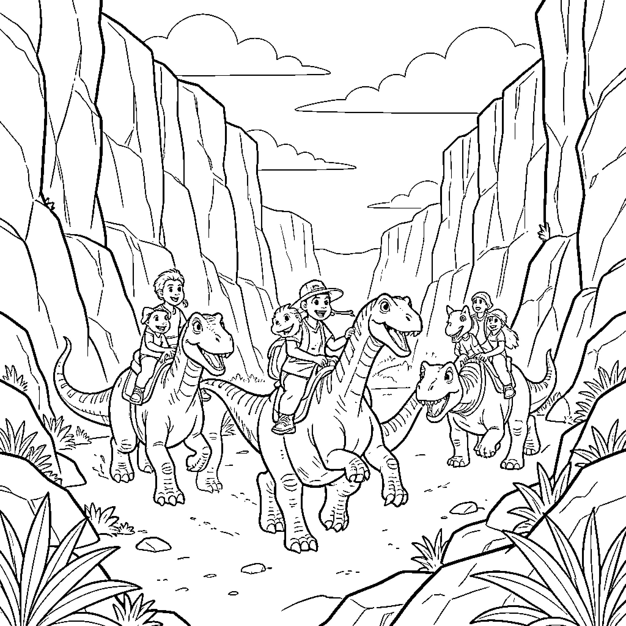 Dinosaur riding adventure through a deep canyon Coloring Page (free black-and-white line drawing printable PDF for all, from beginners to advanced learners, including children, teens, adults, and seniors)