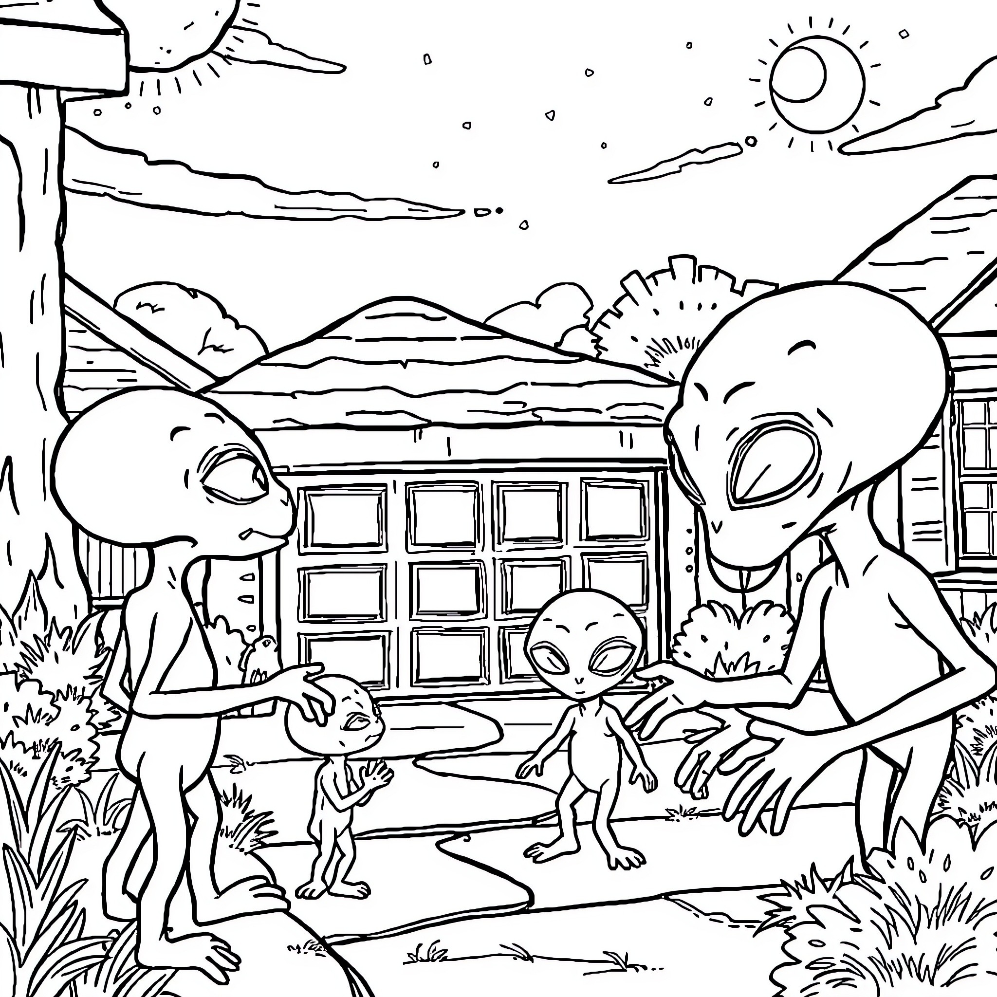 Alien Family exploring a remote landscape Coloring Page (free black-and-white line drawing printable PDF for all, from beginners to advanced learners, including children, teens, adults, and seniors)