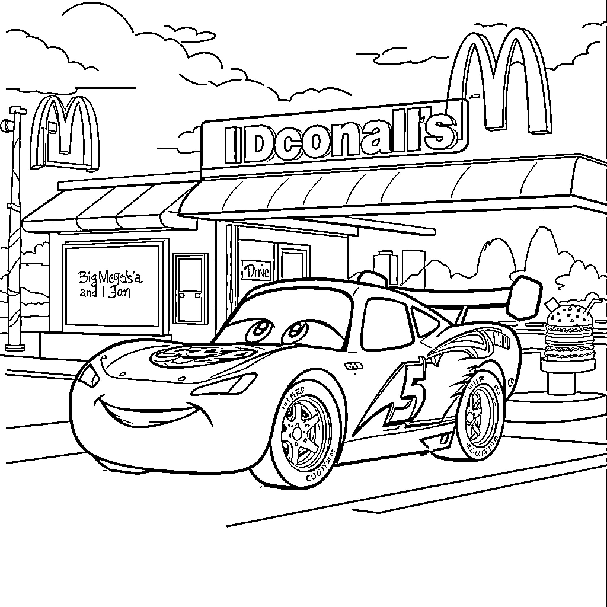 Lightning McQueen visits a fast food restaurant Coloring Page (free black-and-white line drawing printable PDF for all, from beginners to advanced learners, including children, teens, adults, and seniors)