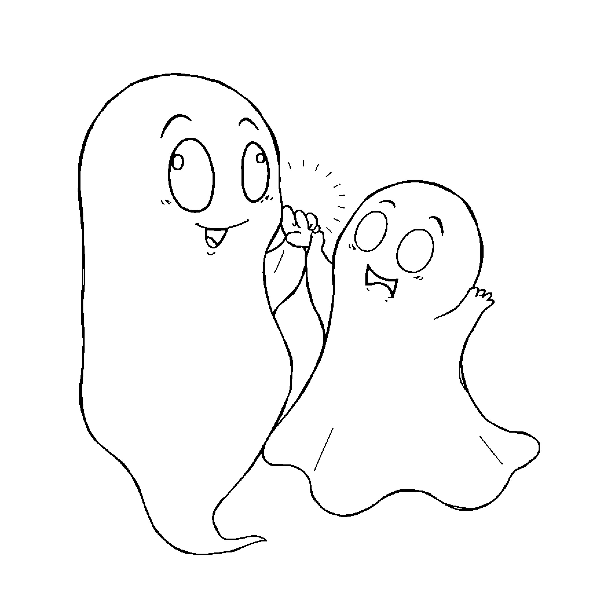 Ghost friends playing together happily Coloring Page (free black-and-white line drawing printable PDF for all, from beginners to advanced learners, including children, teens, adults, and seniors)