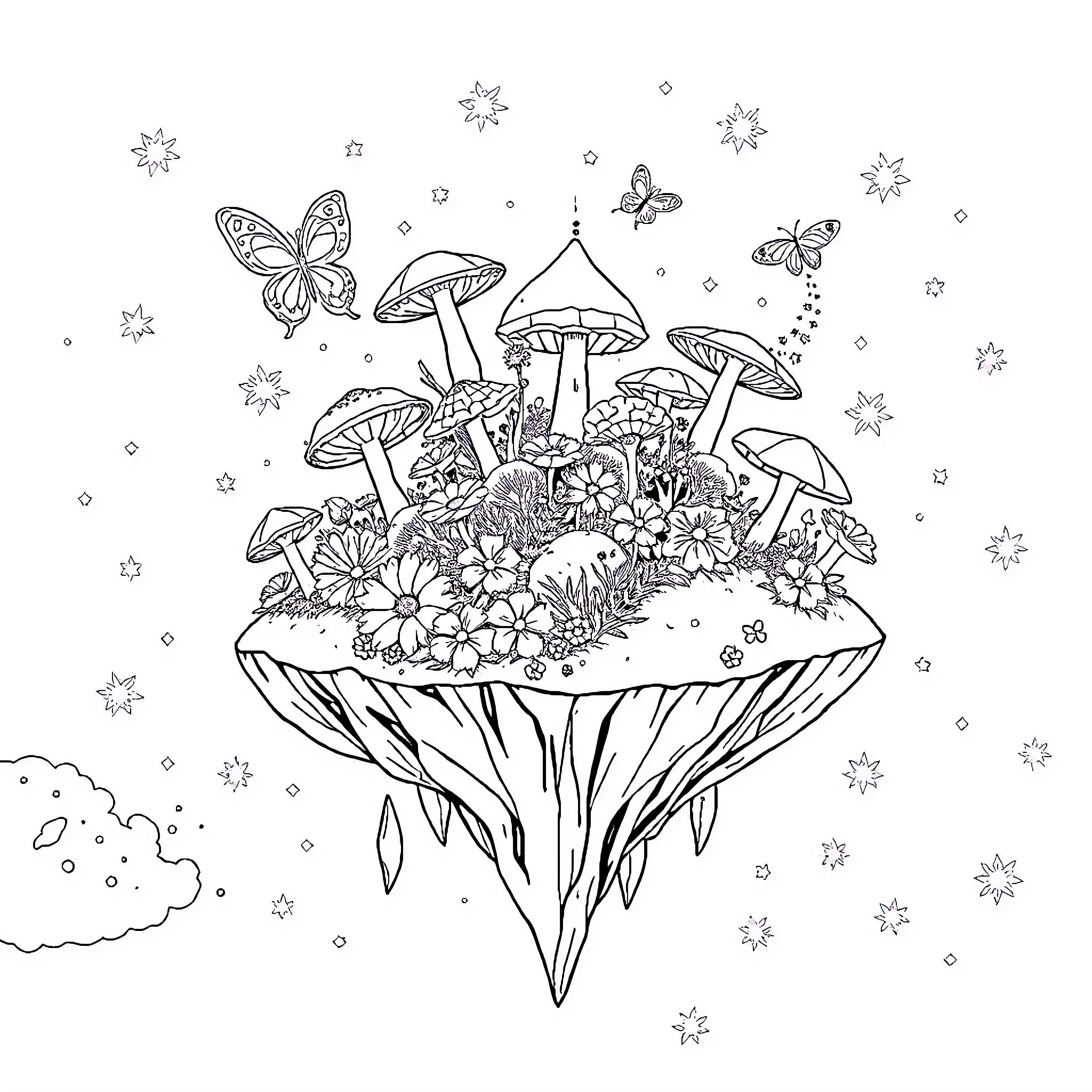 Island of Whimsical Mushrooms and Flowers Coloring Page (free black-and-white line drawing printable PDF for all, from beginners to advanced learners, including children, teens, adults, and seniors)