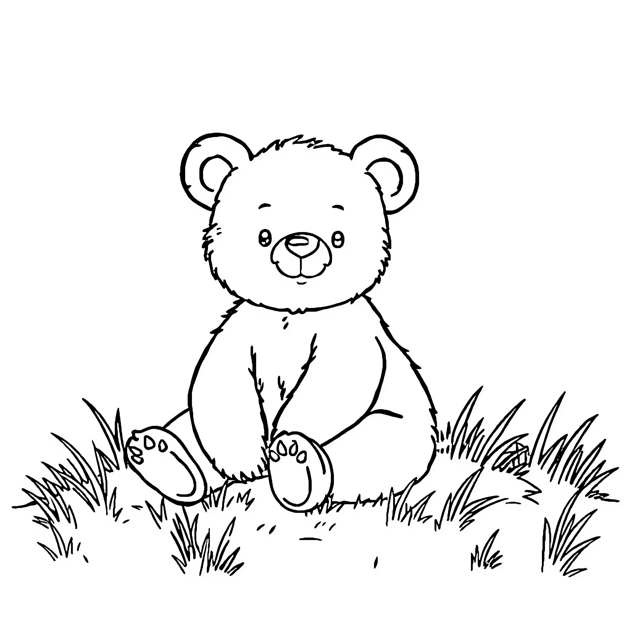 Bear sitting happily in the grass Coloring Page (free black-and-white line drawing printable PDF for all, from beginners to advanced learners, including children, teens, adults, and seniors)