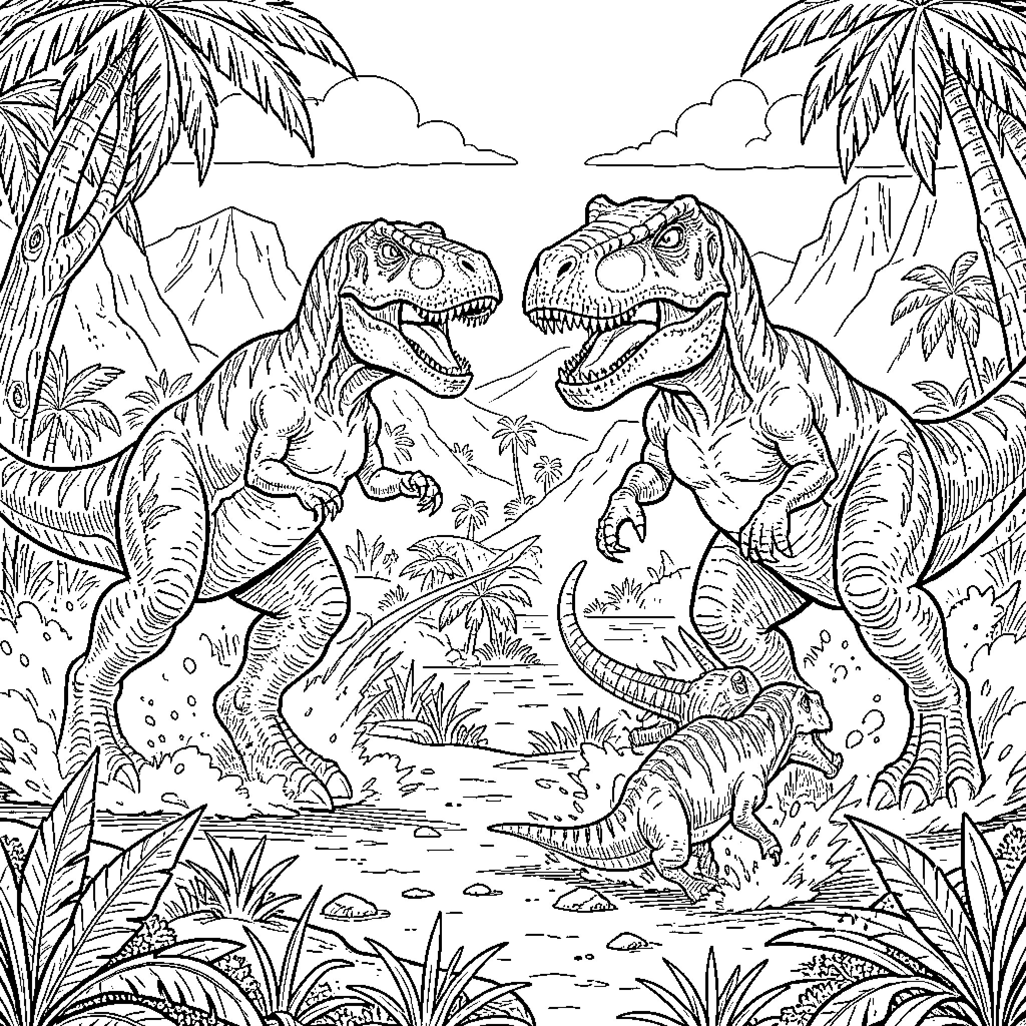 Dinosaur encounter in a prehistoric tropical jungle Coloring Page (free black-and-white line drawing printable PDF for all, from beginners to advanced learners, including children, teens, adults, and seniors)