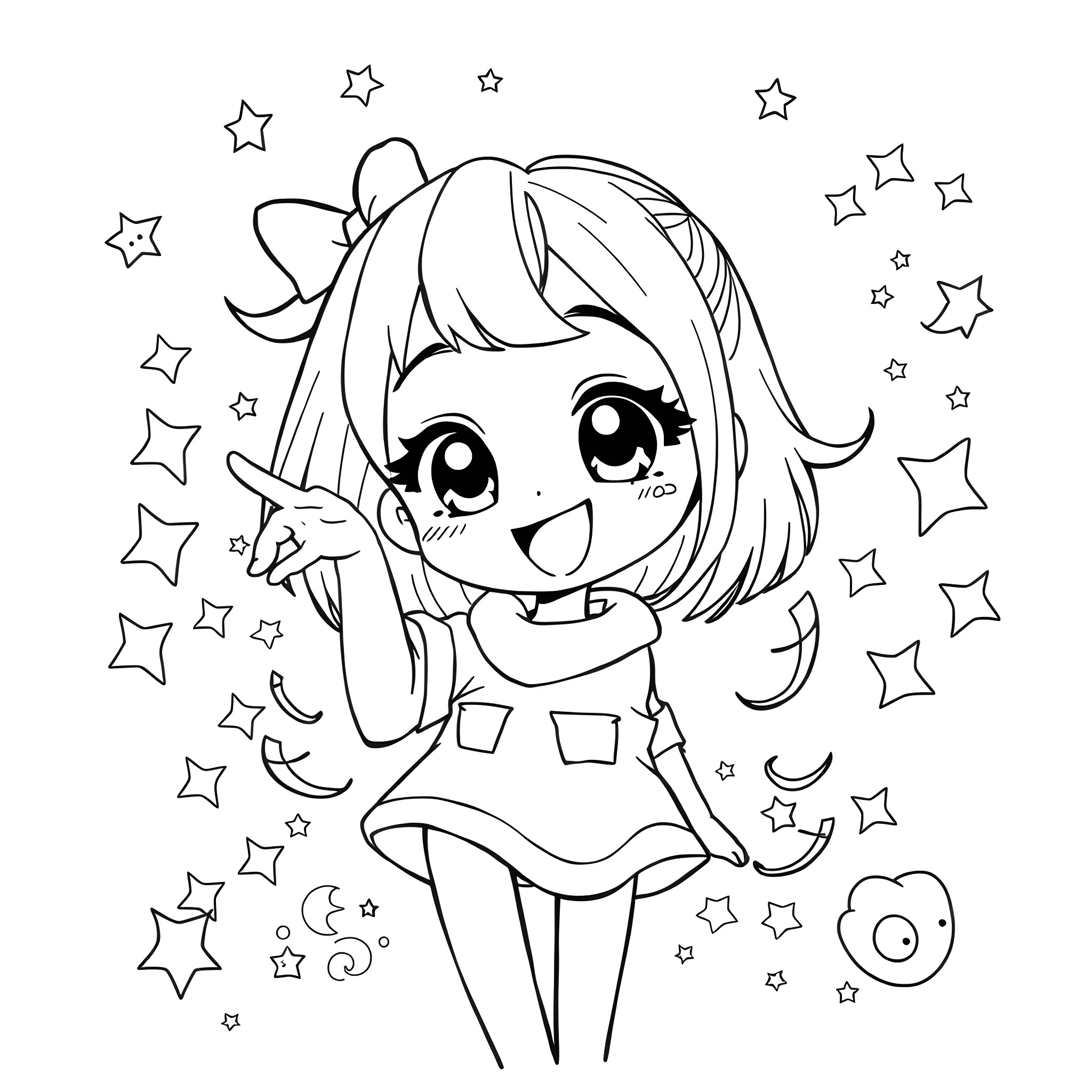 Anime Girl Smiling Happily with Stars Coloring Page (free black-and-white line drawing printable PDF for all, from beginners to advanced learners, including children, teens, adults, and seniors)