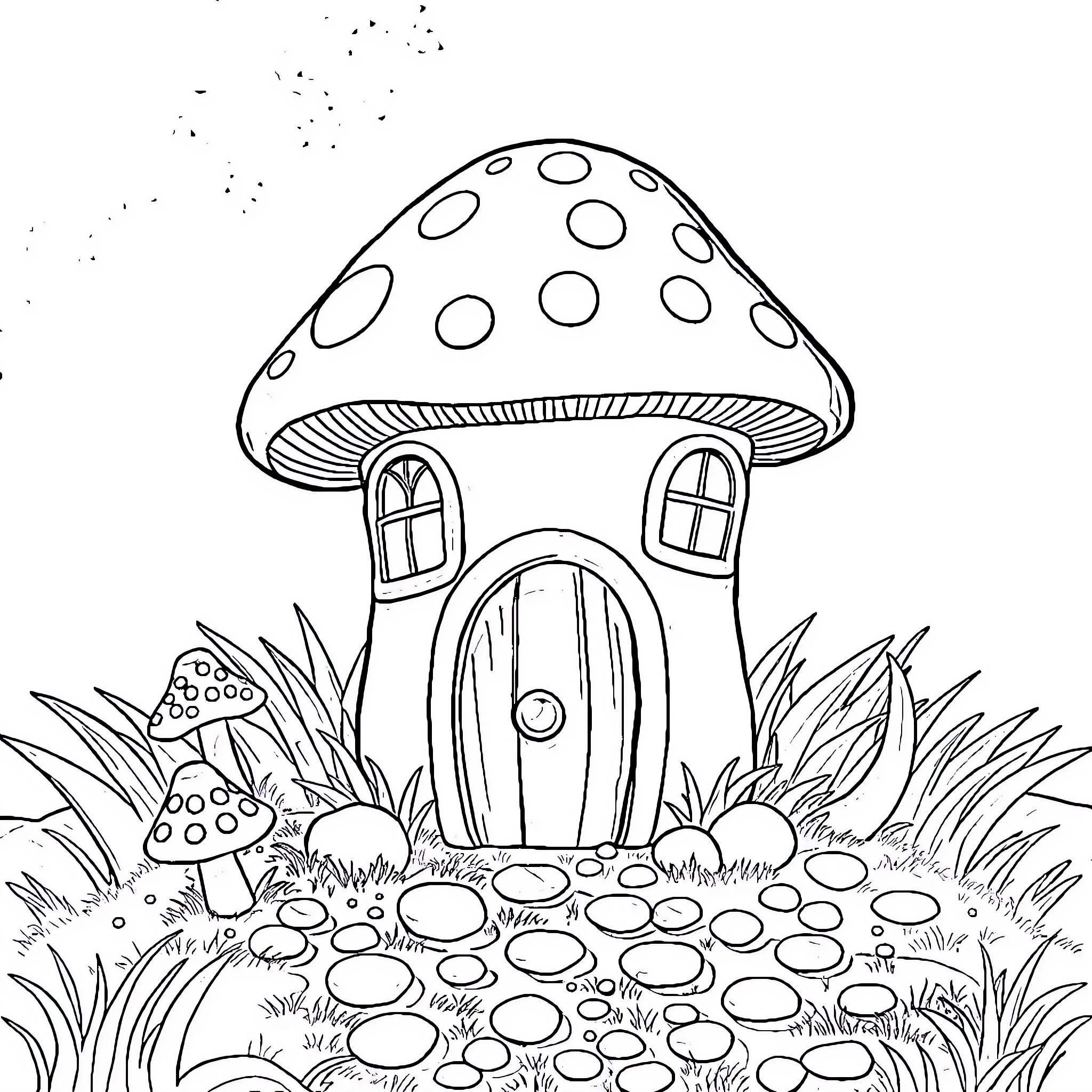 Mushroom house in the grass Coloring Page (free black-and-white line drawing printable PDF for all, from beginners to advanced learners, including children, teens, adults, and seniors)