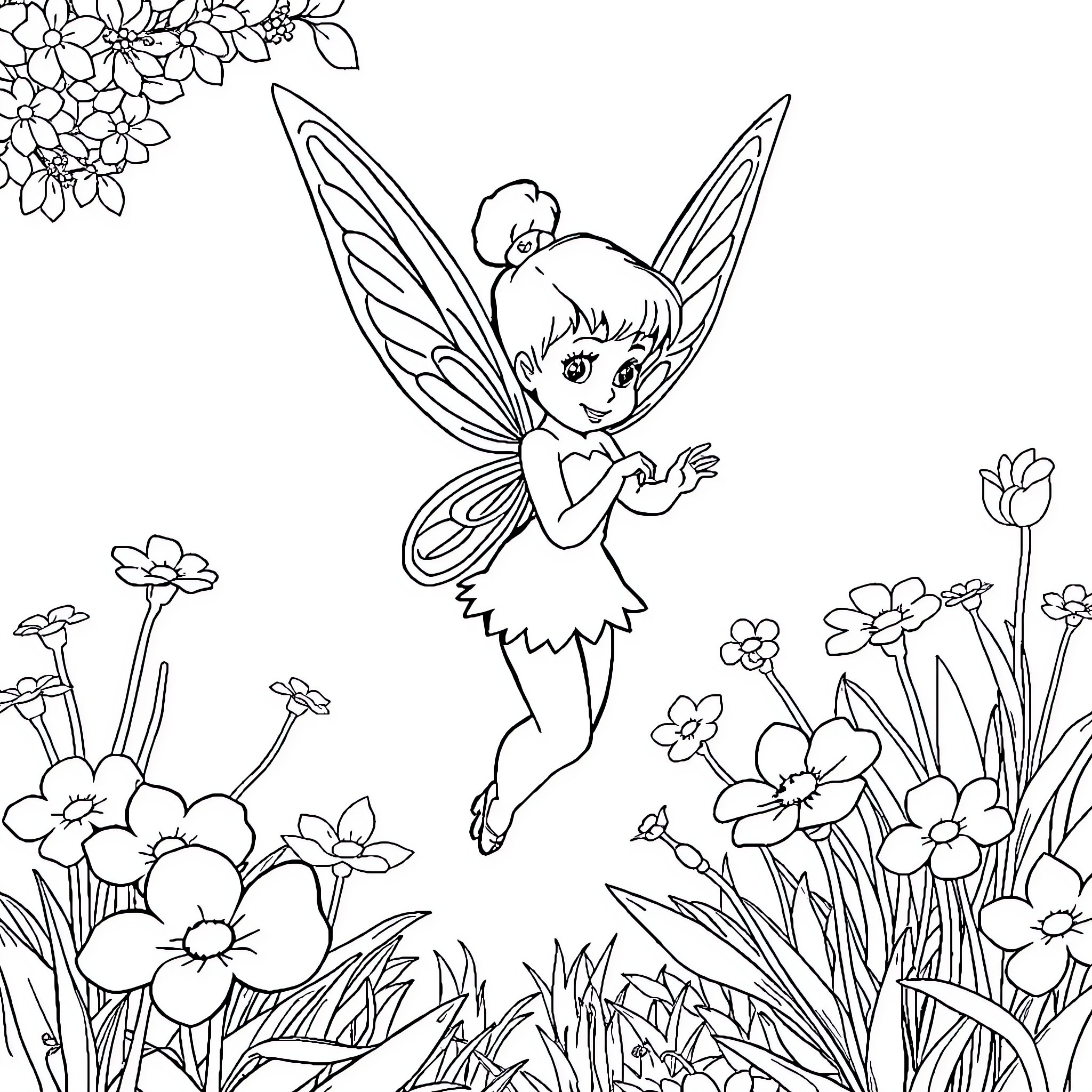 Tinkerbell flying amidst floral garden Coloring Page (free black-and-white line drawing printable PDF for all, from beginners to advanced learners, including children, teens, adults, and seniors)