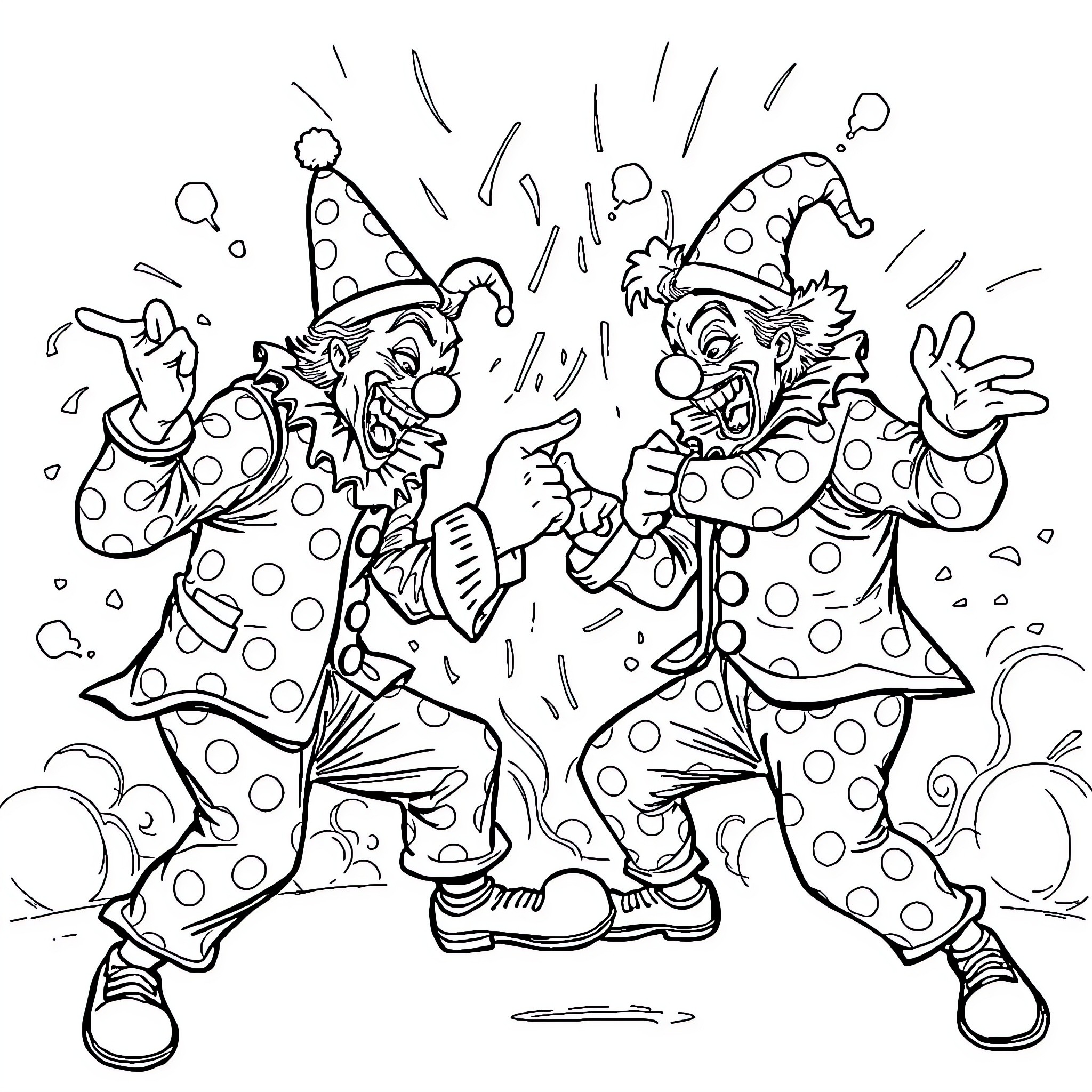 Clowns performing energetic dance in polka dot outfits Coloring Page (free black-and-white line drawing printable PDF for all, from beginners to advanced learners, including children, teens, adults, and seniors)