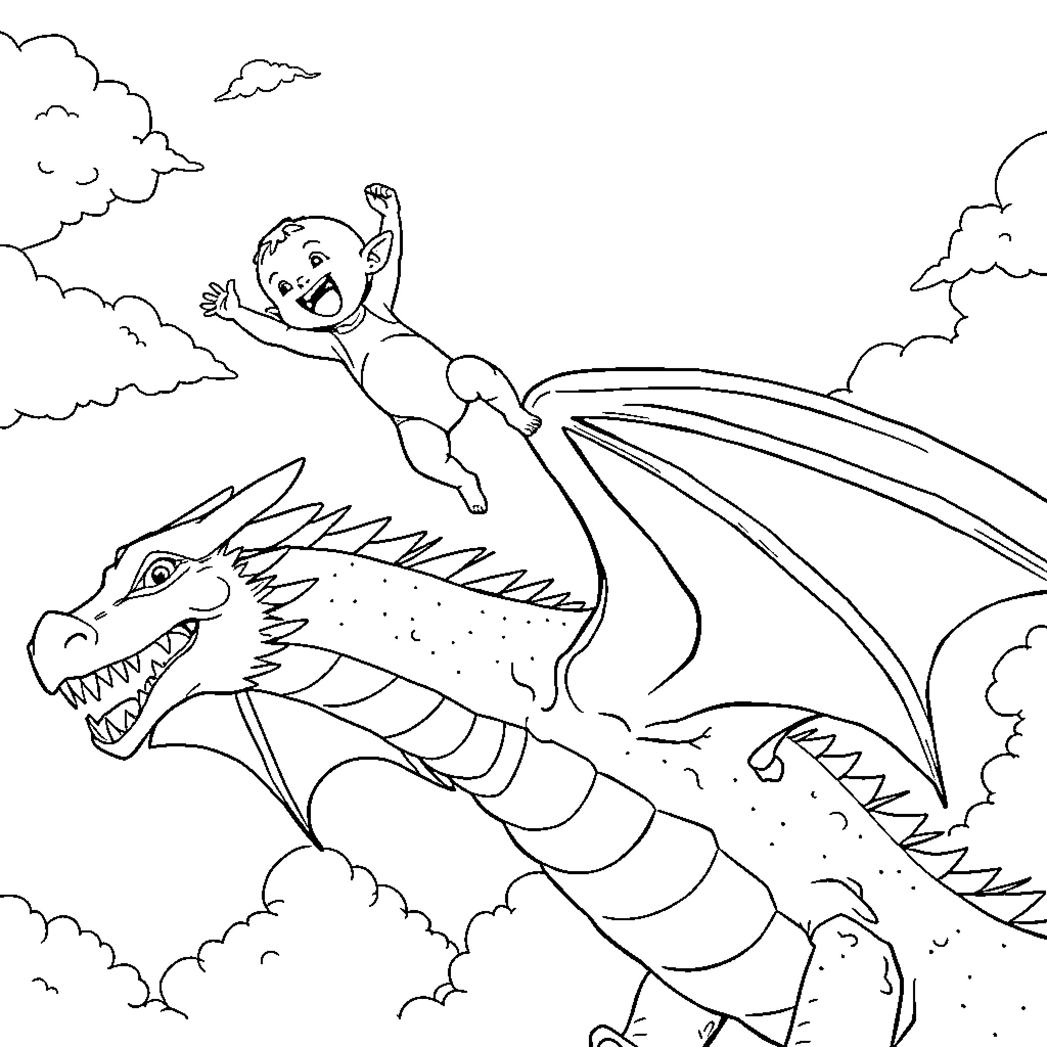 Infant riding a dragon in the sky Coloring Page (free black-and-white line drawing printable PDF for all, from beginners to advanced learners, including children, teens, adults, and seniors)