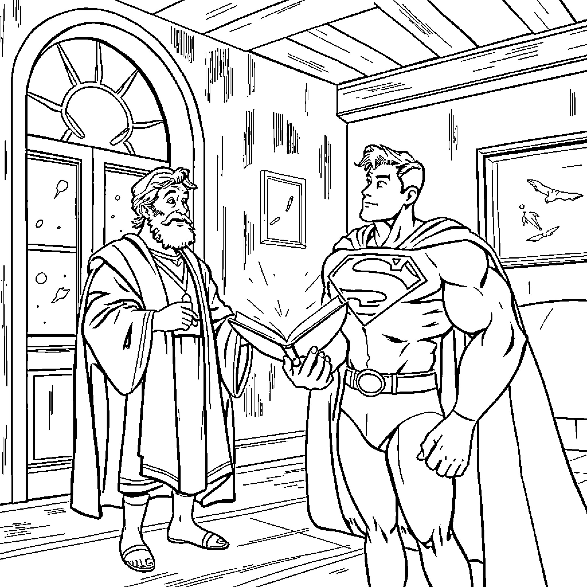 Joseph Smith Jr. in discussion with a superhero figure Coloring Page (free black-and-white line drawing printable PDF for all, from beginners to advanced learners, including children, teens, adults, and seniors)