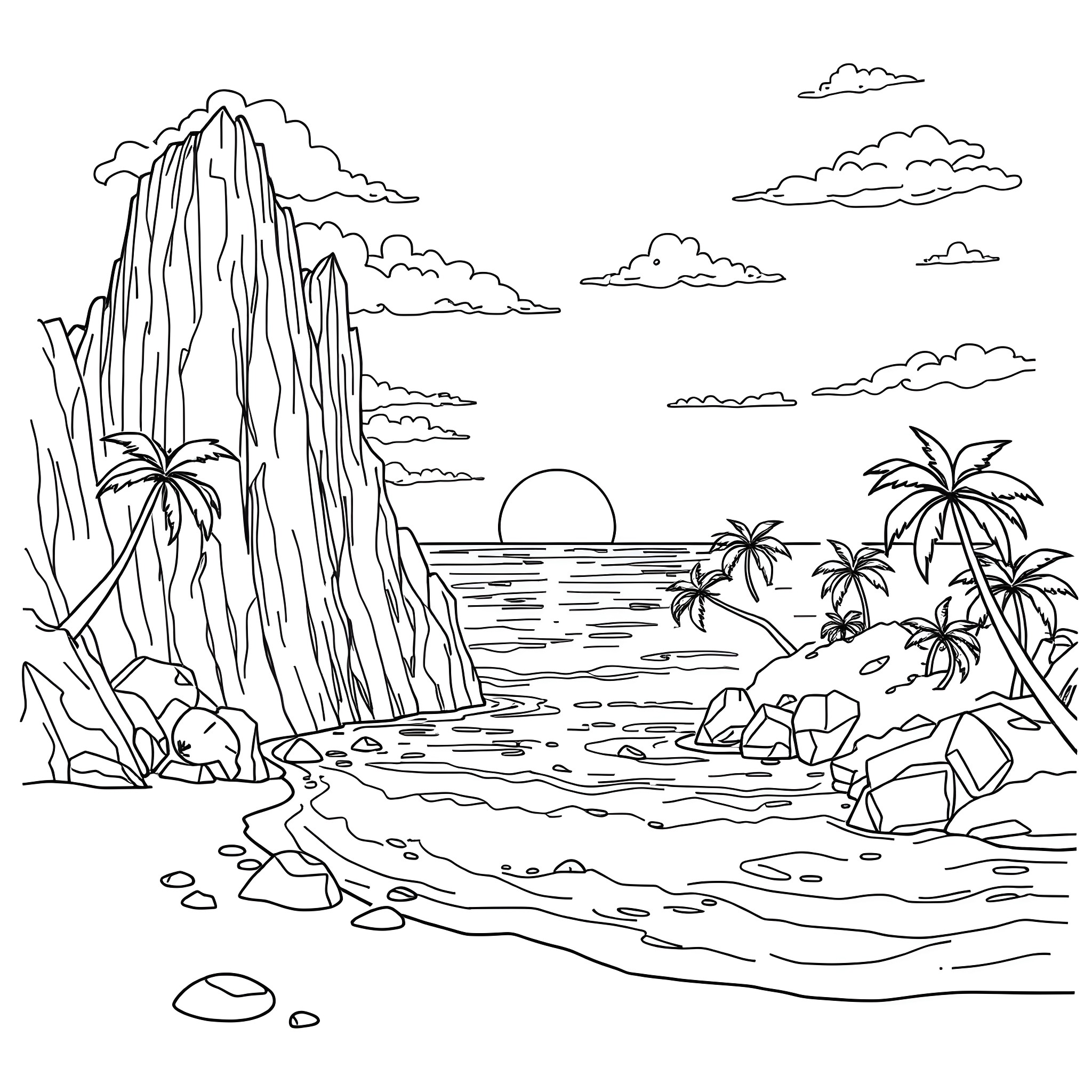 Beach scene with palm trees and cliffs Coloring Page (free black-and-white line drawing printable PDF for all, from beginners to advanced learners, including children, teens, adults, and seniors)