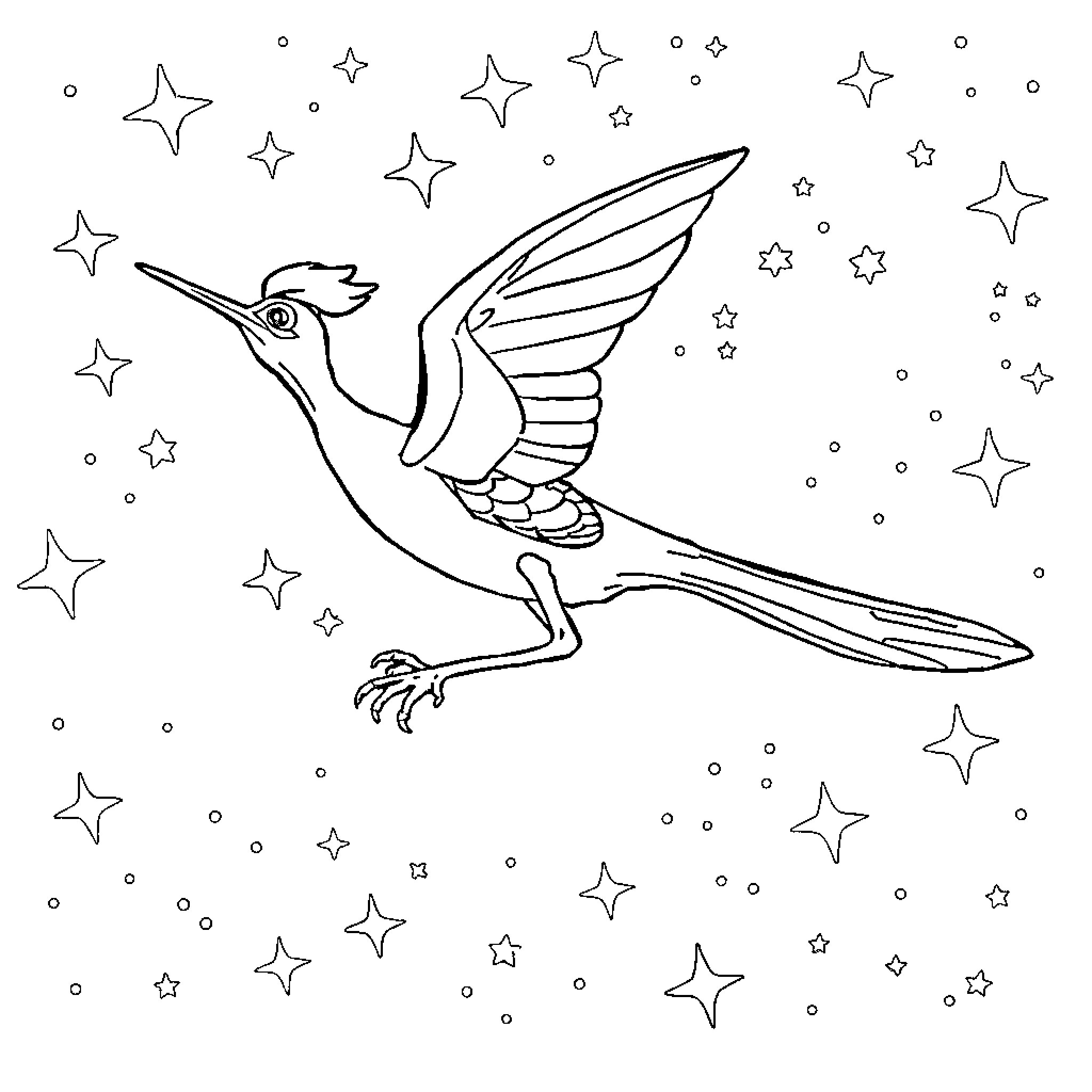 Roadrunner dancing among the stars Coloring Page (free black-and-white line drawing printable PDF for all, from beginners to advanced learners, including children, teens, adults, and seniors)