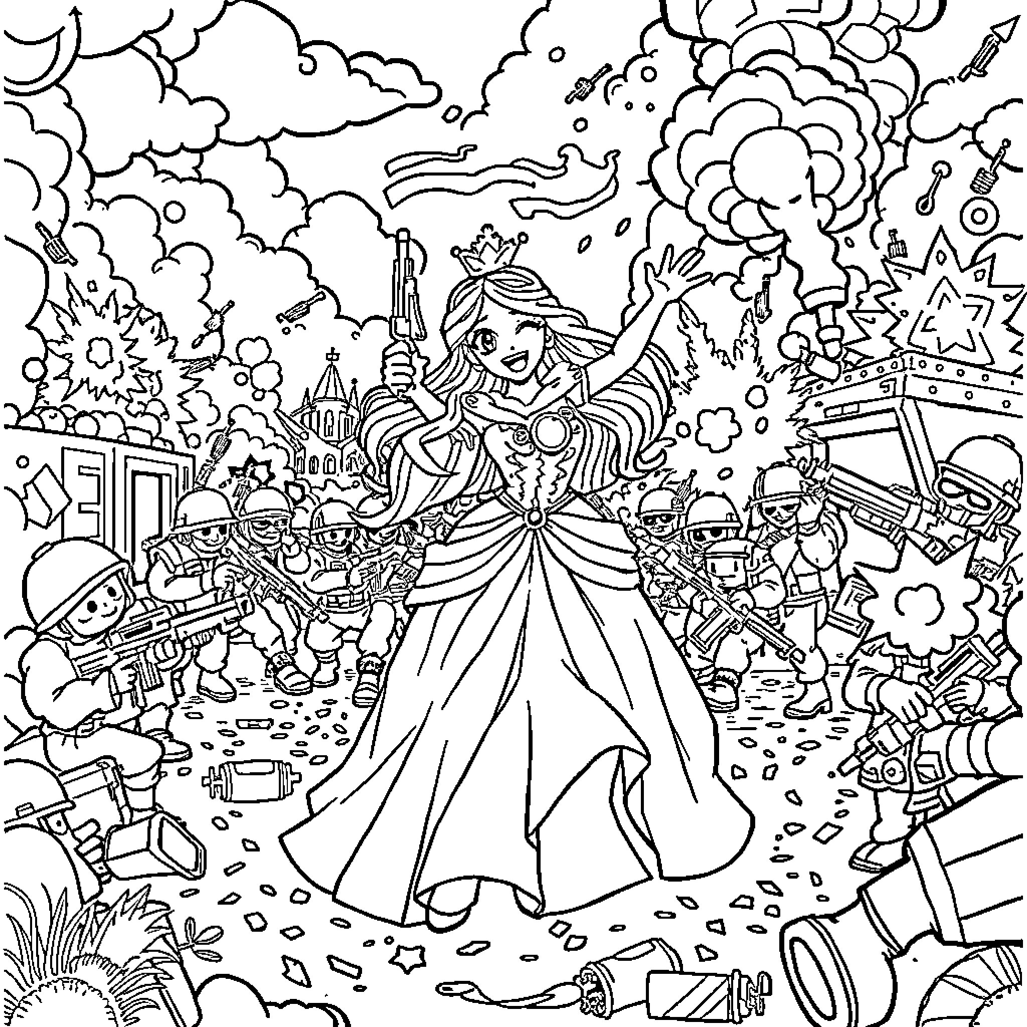 Princess Celebrating Joyfully Amidst Magical Chaos Coloring Page (free black-and-white line drawing printable PDF for all, from beginners to advanced learners, including children, teens, adults, and seniors)