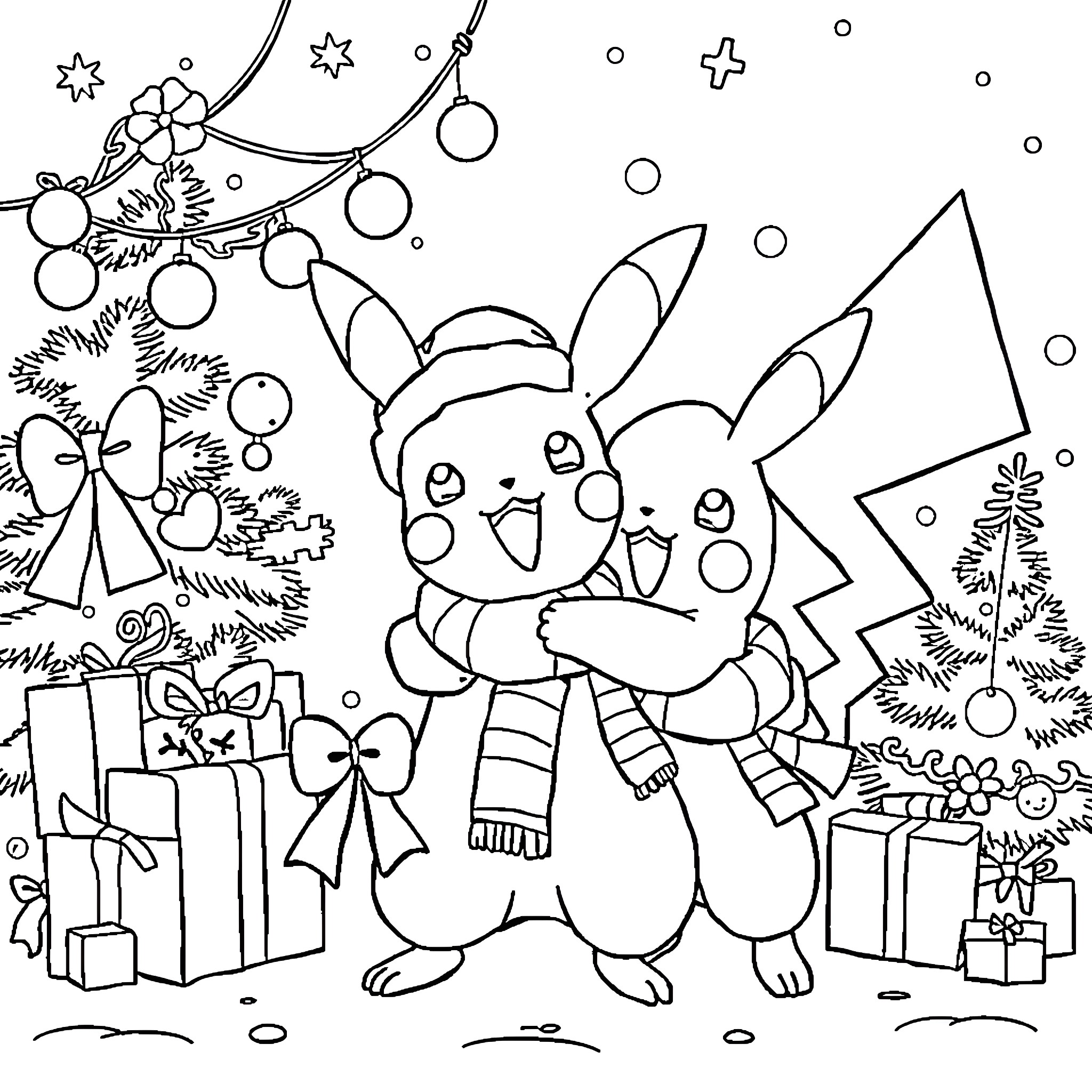 Pokémon characters celebrating the holidays Coloring Page (free black-and-white line drawing printable PDF for all, from beginners to advanced learners, including children, teens, adults, and seniors)