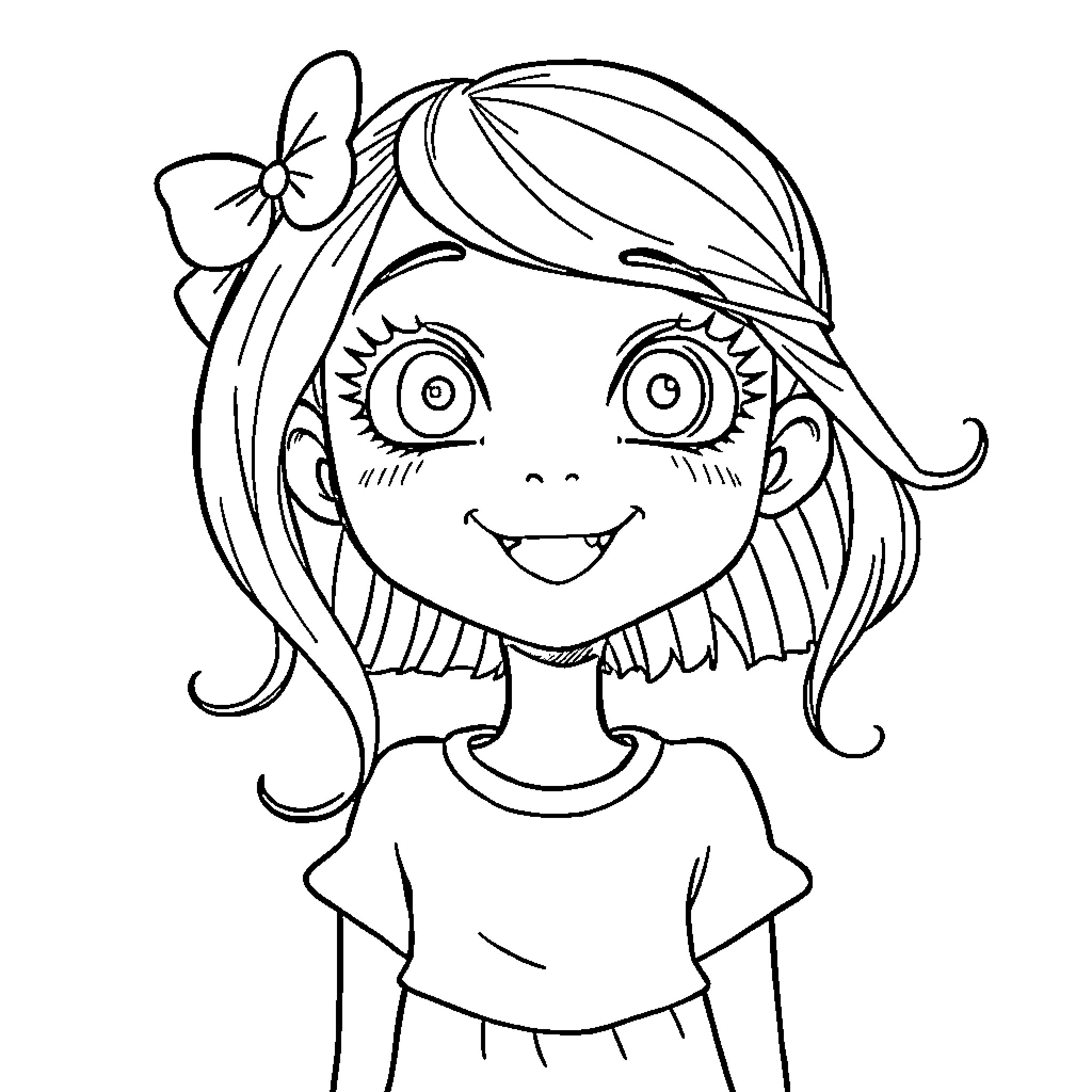 EMS Young Girl with Cheerful Smile and Bow Coloring Page (free black-and-white line drawing printable PDF for all, from beginners to advanced learners, including children, teens, adults, and seniors)