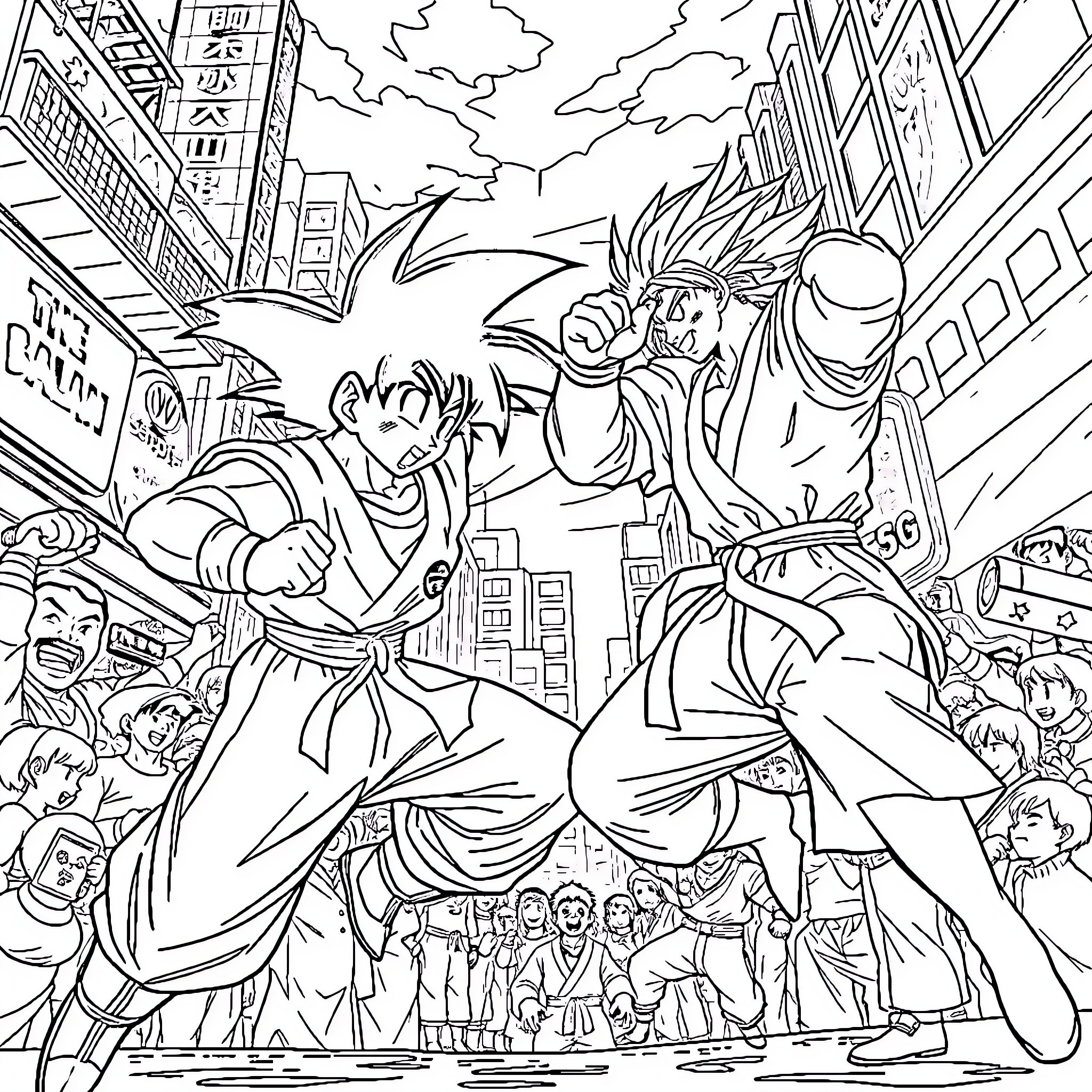 Goku and Friends Engage in Epic Battle Coloring Page (free black-and-white line drawing printable PDF for all, from beginners to advanced learners, including children, teens, adults, and seniors)