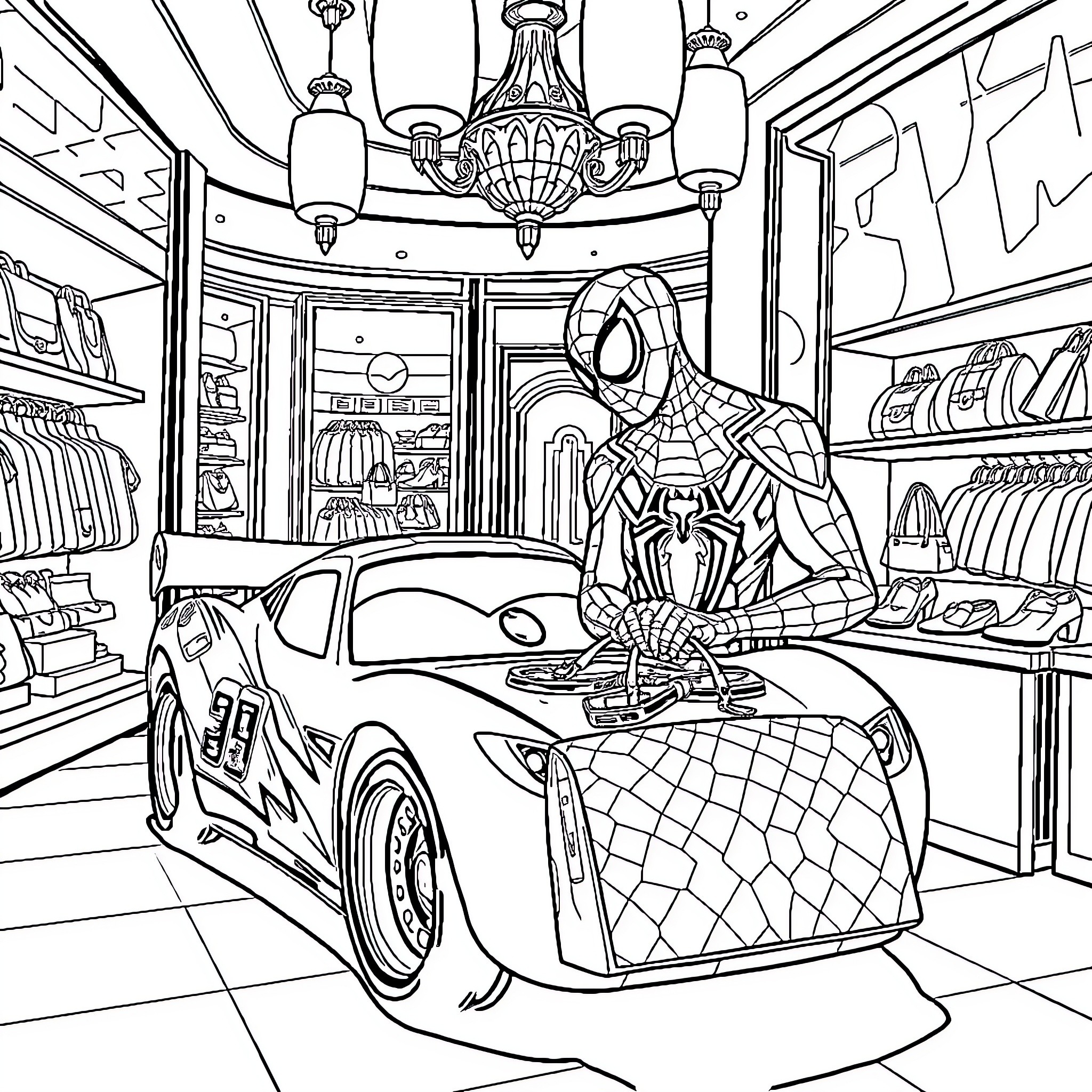 Flash Spiderman Explores Sleek Racing Supercar in Wardrobe Coloring Page (free black-and-white line drawing printable PDF for all, from beginners to advanced learners, including children, teens, adults, and seniors)