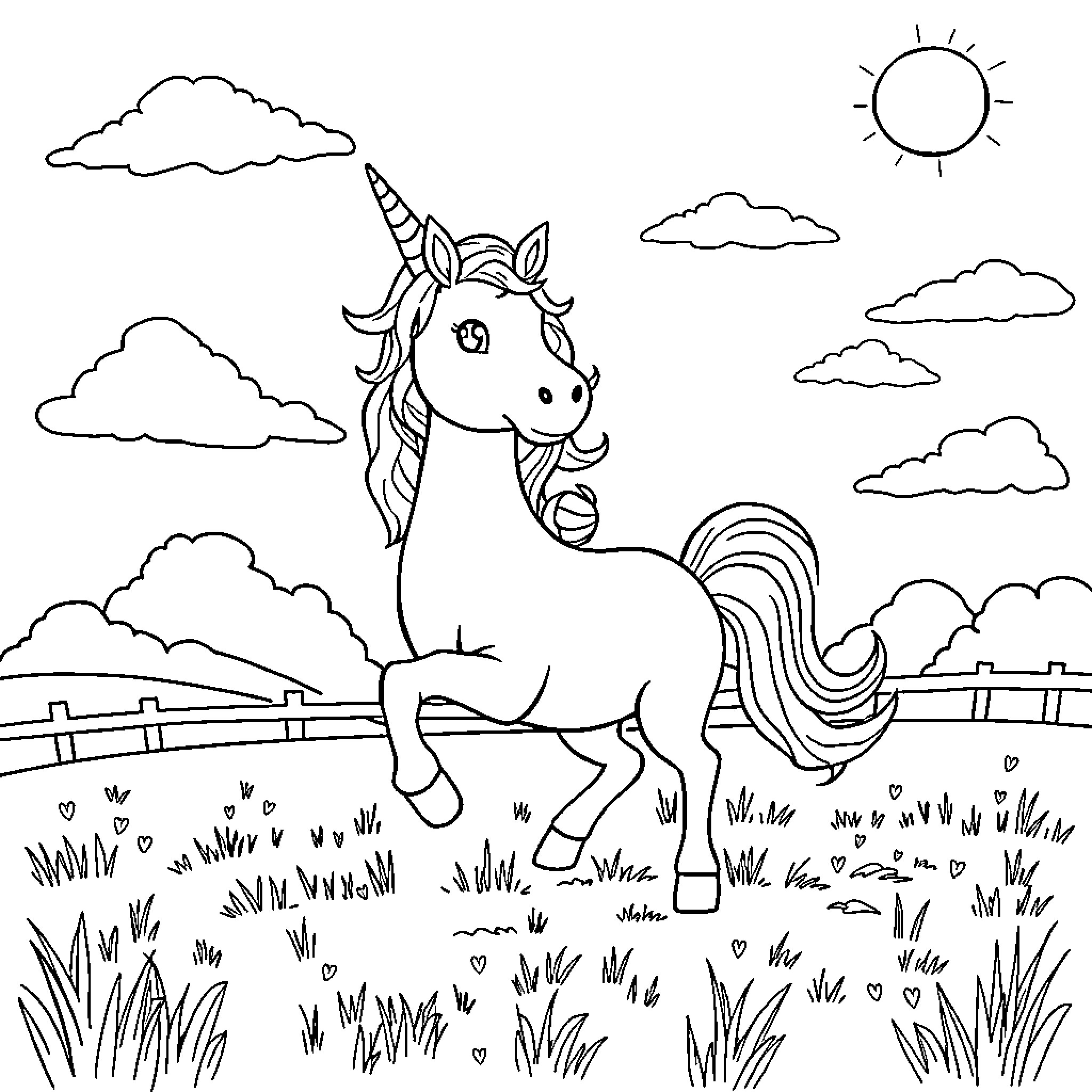 Unicorn grazing peacefully in a pastoral scene Coloring Page (free black-and-white line drawing printable PDF for all, from beginners to advanced learners, including children, teens, adults, and seniors)