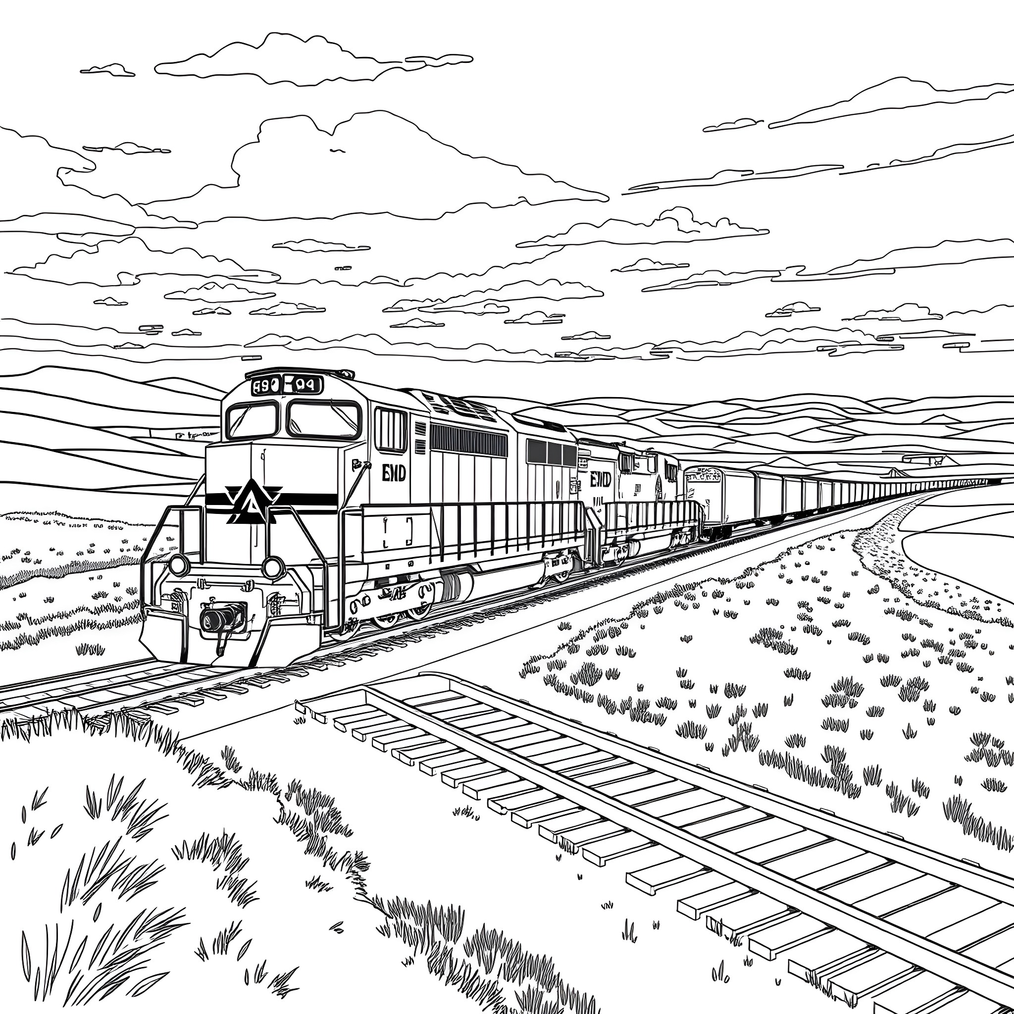 Locomotive pulling freight train through scenic countryside Coloring Page (free black-and-white line drawing printable PDF for all, from beginners to advanced learners, including children, teens, adults, and seniors)
