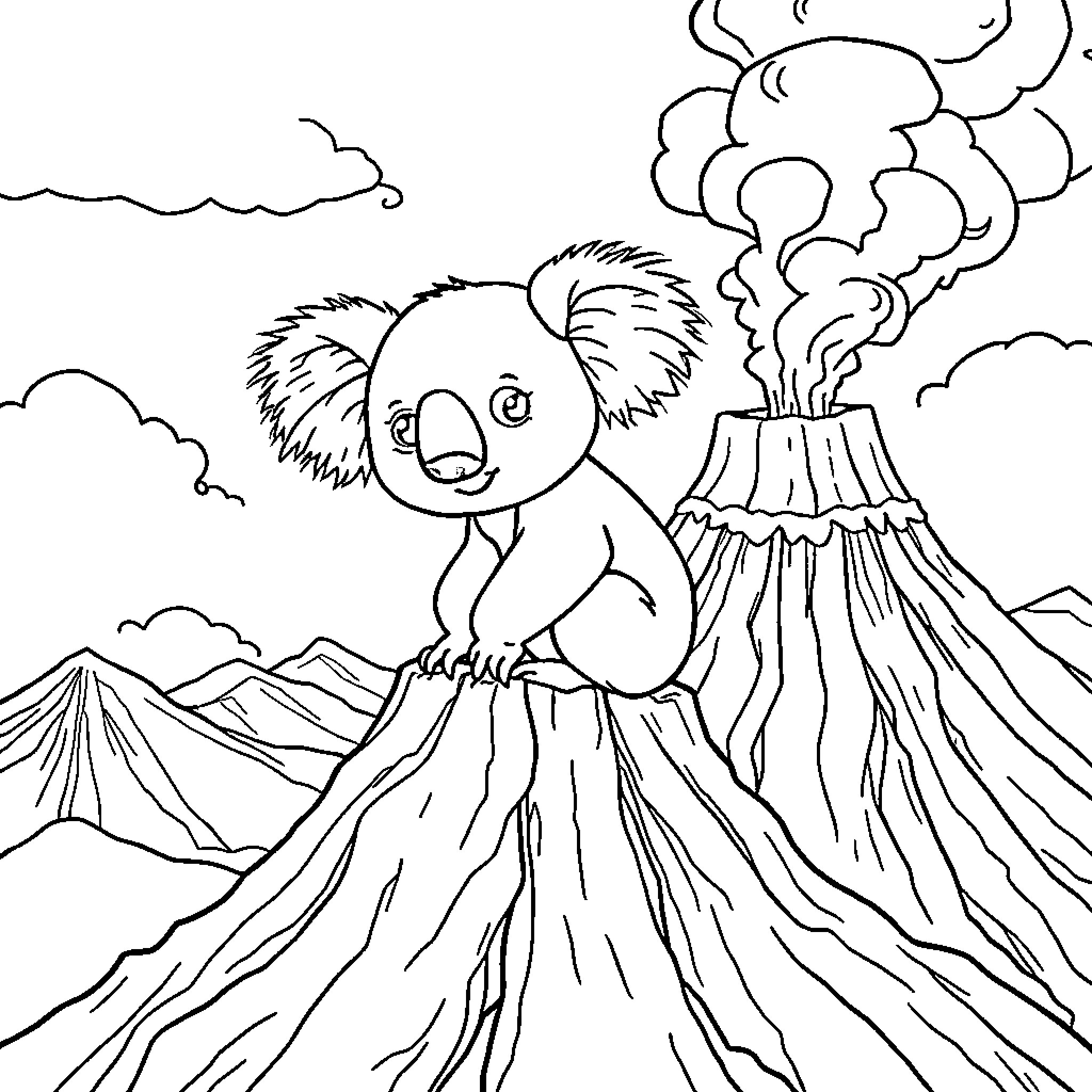 Koala observing volcanic eruption with curiosity Coloring Page (free black-and-white line drawing printable PDF for all, from beginners to advanced learners, including children, teens, adults, and seniors)