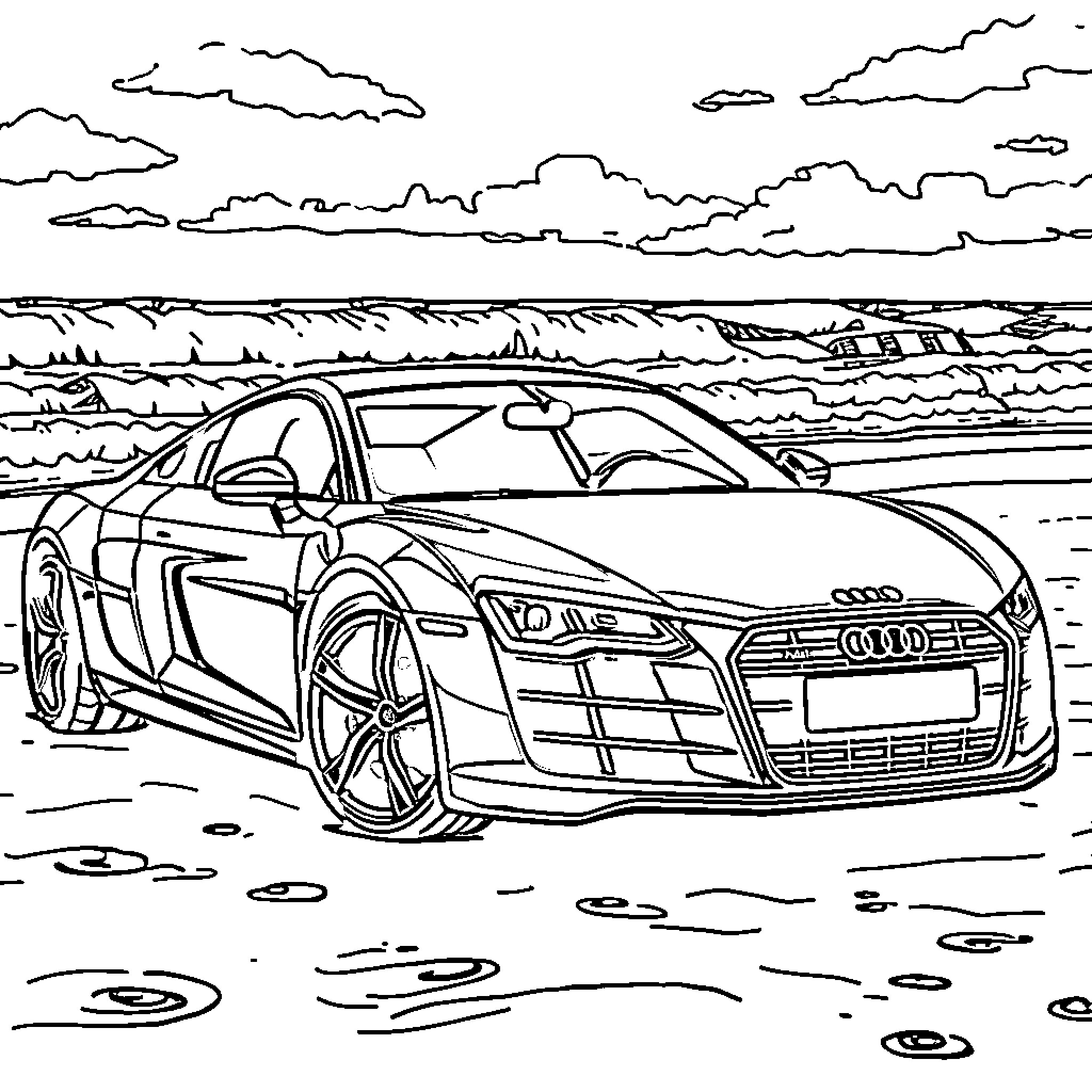 Audi R8 racing on the beach Coloring Page (free black-and-white line drawing printable PDF for all, from beginners to advanced learners, including children, teens, adults, and seniors)