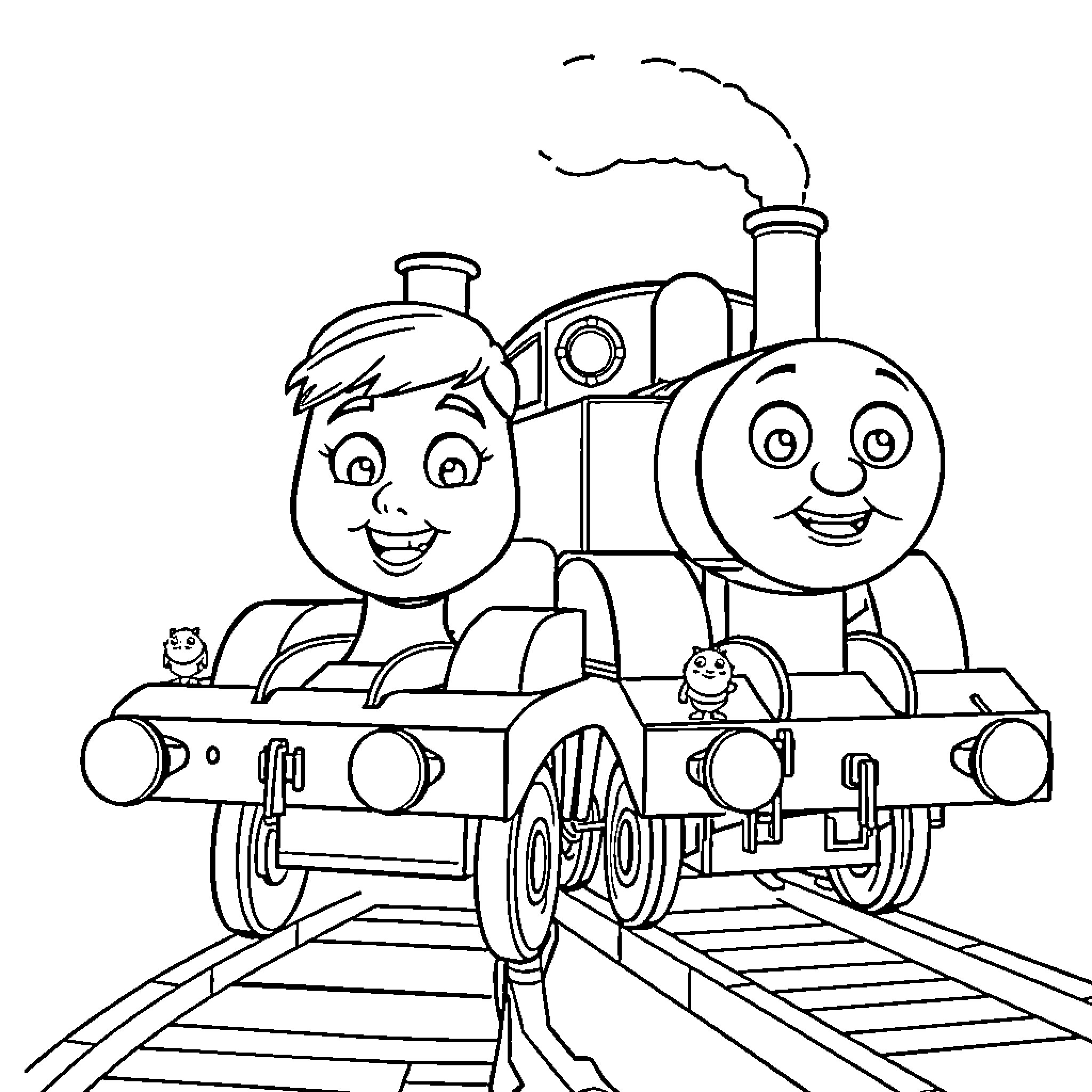 Connor and Caitlin's Fun Train Ride Coloring Page (free black-and-white line drawing printable PDF for all, from beginners to advanced learners, including children, teens, adults, and seniors)