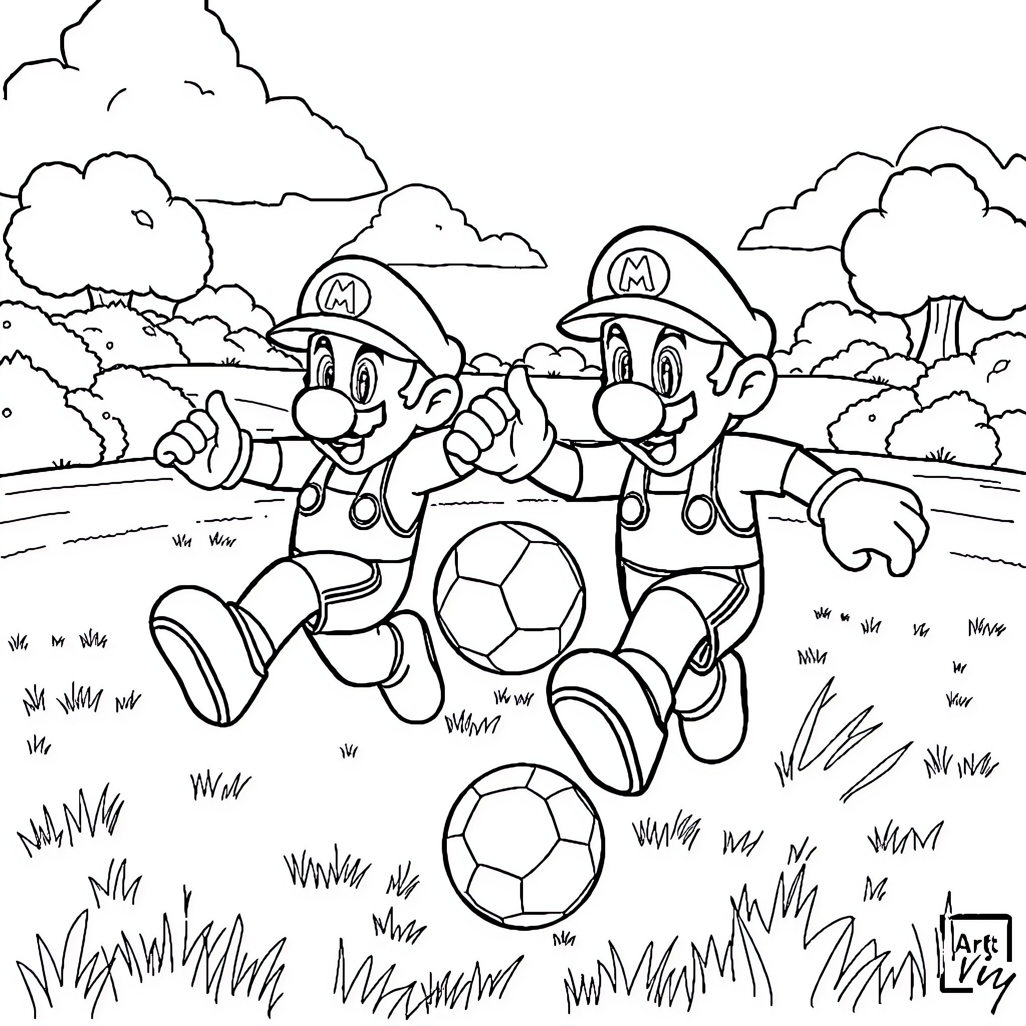 Mario Brothers Playing Soccer in the Park Coloring Page (free black-and-white line drawing printable PDF for all, from beginners to advanced learners, including children, teens, adults, and seniors)