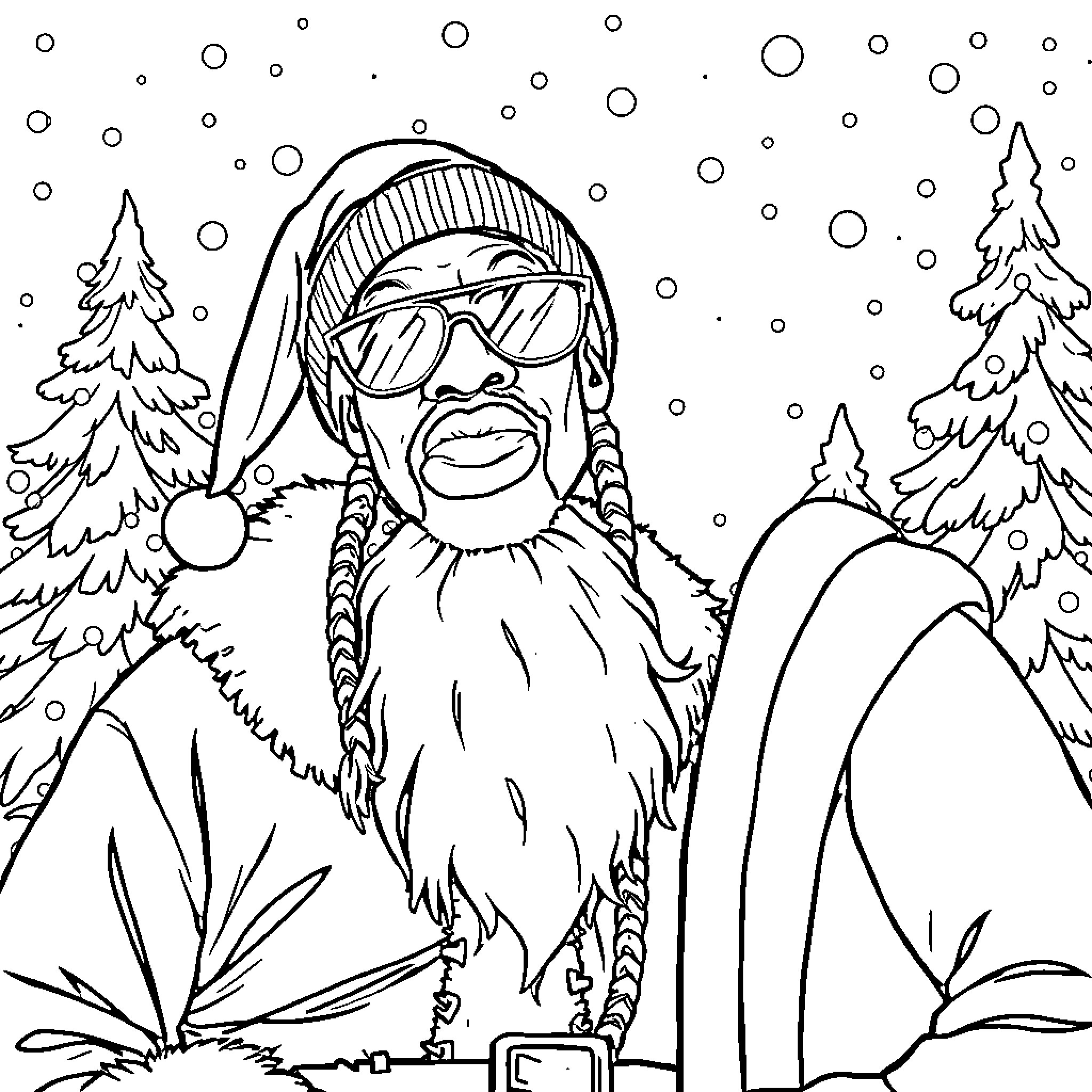 Snoop Dogg enjoying a winter wonderland Coloring Page (free black-and-white line drawing printable PDF for all, from beginners to advanced learners, including children, teens, adults, and seniors)