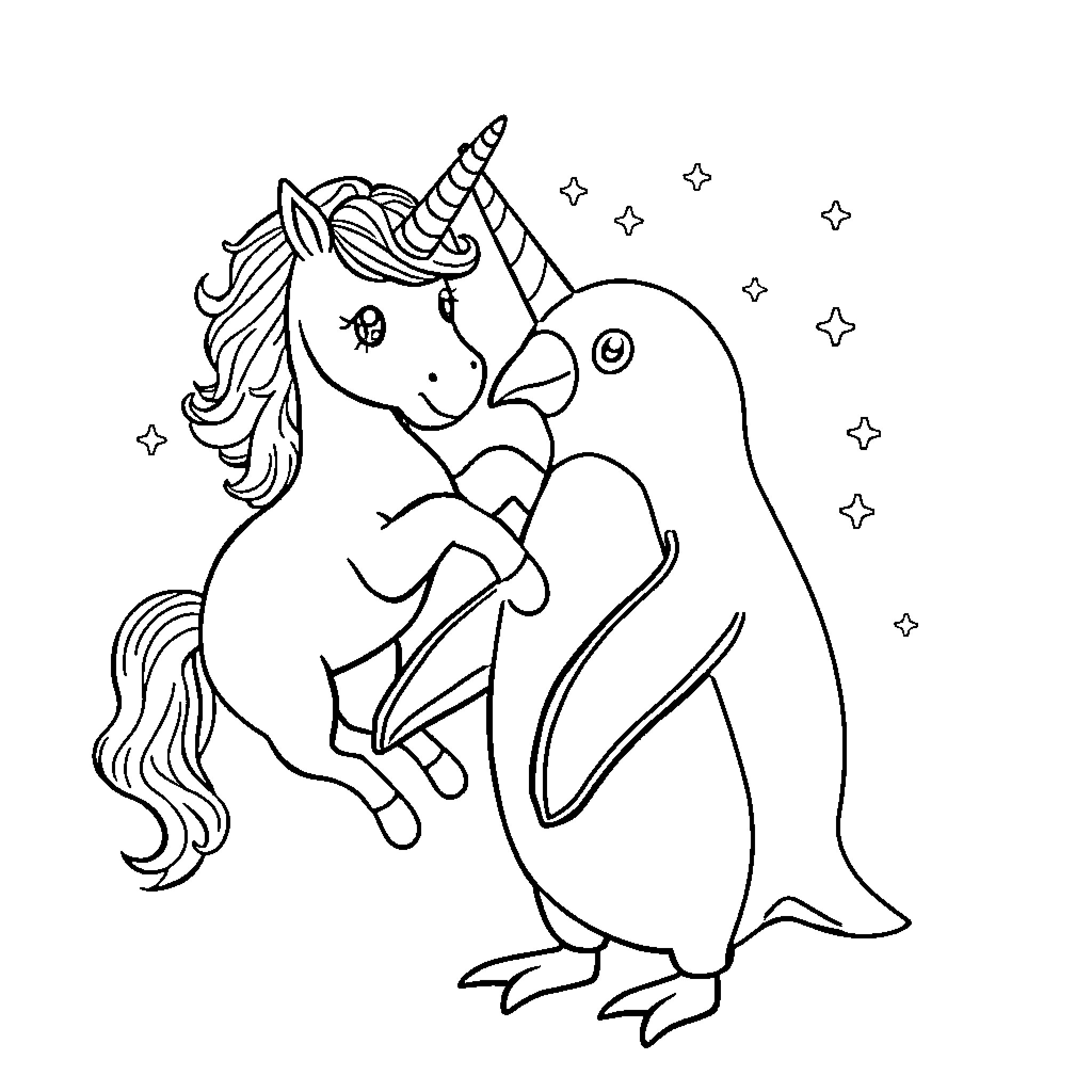 Unicorn riding playfully on a penguin Coloring Page (free black-and-white line drawing printable PDF for all, from beginners to advanced learners, including children, teens, adults, and seniors)