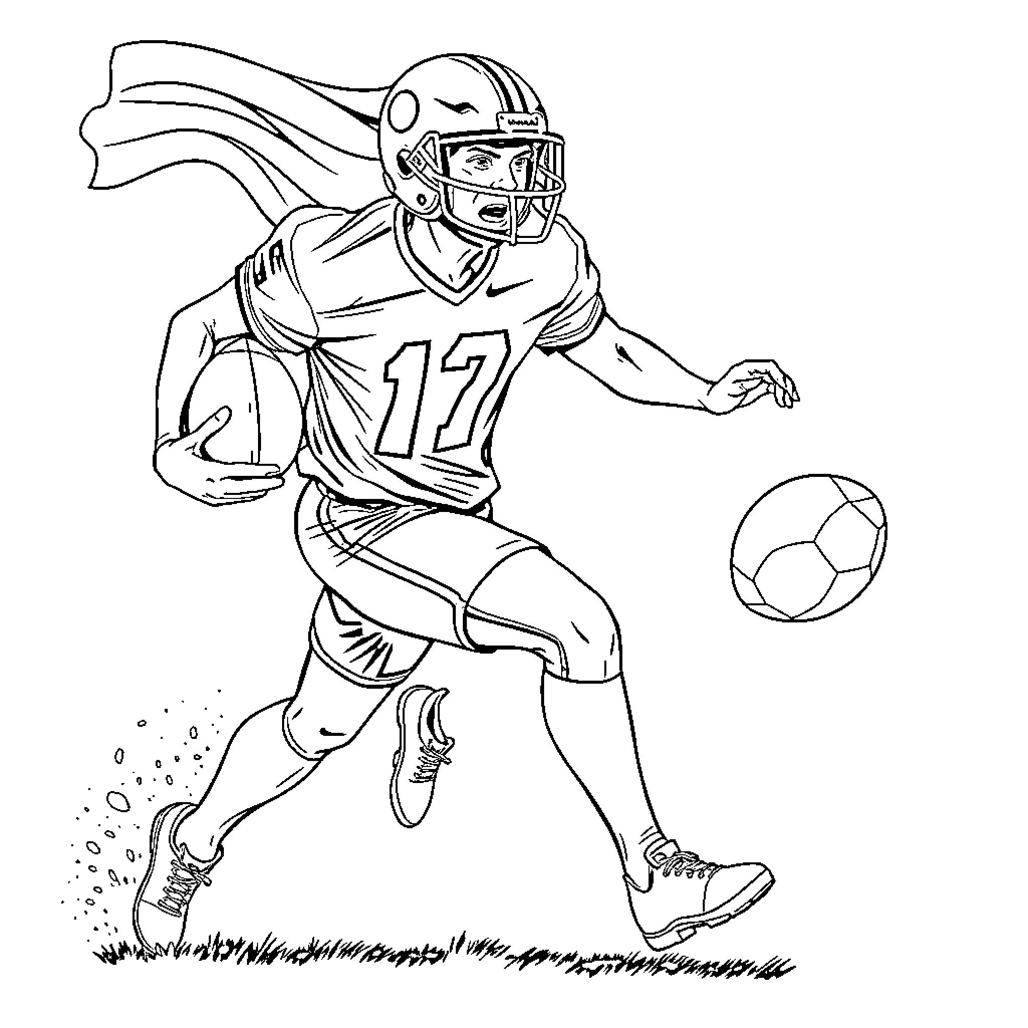 Flag Football Player Running with the Ball Coloring Page (free black-and-white line drawing printable PDF for all, from beginners to advanced learners, including children, teens, adults, and seniors)