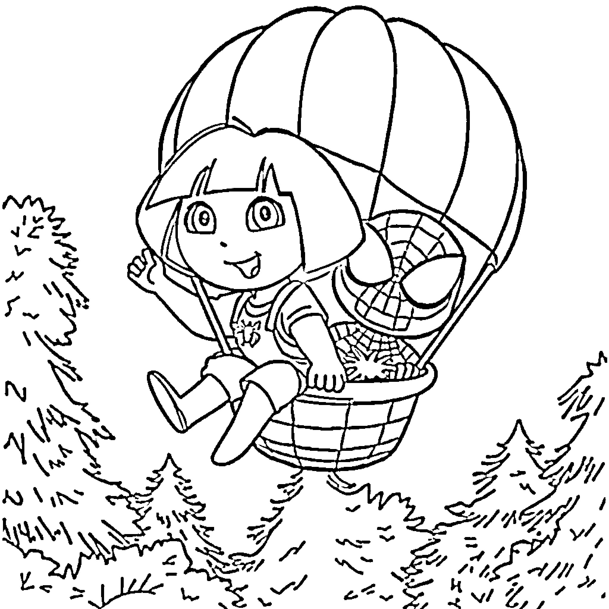 Dora's Adventure in the Balloon Coloring Page (free black-and-white line drawing printable PDF for all, from beginners to advanced learners, including children, teens, adults, and seniors)