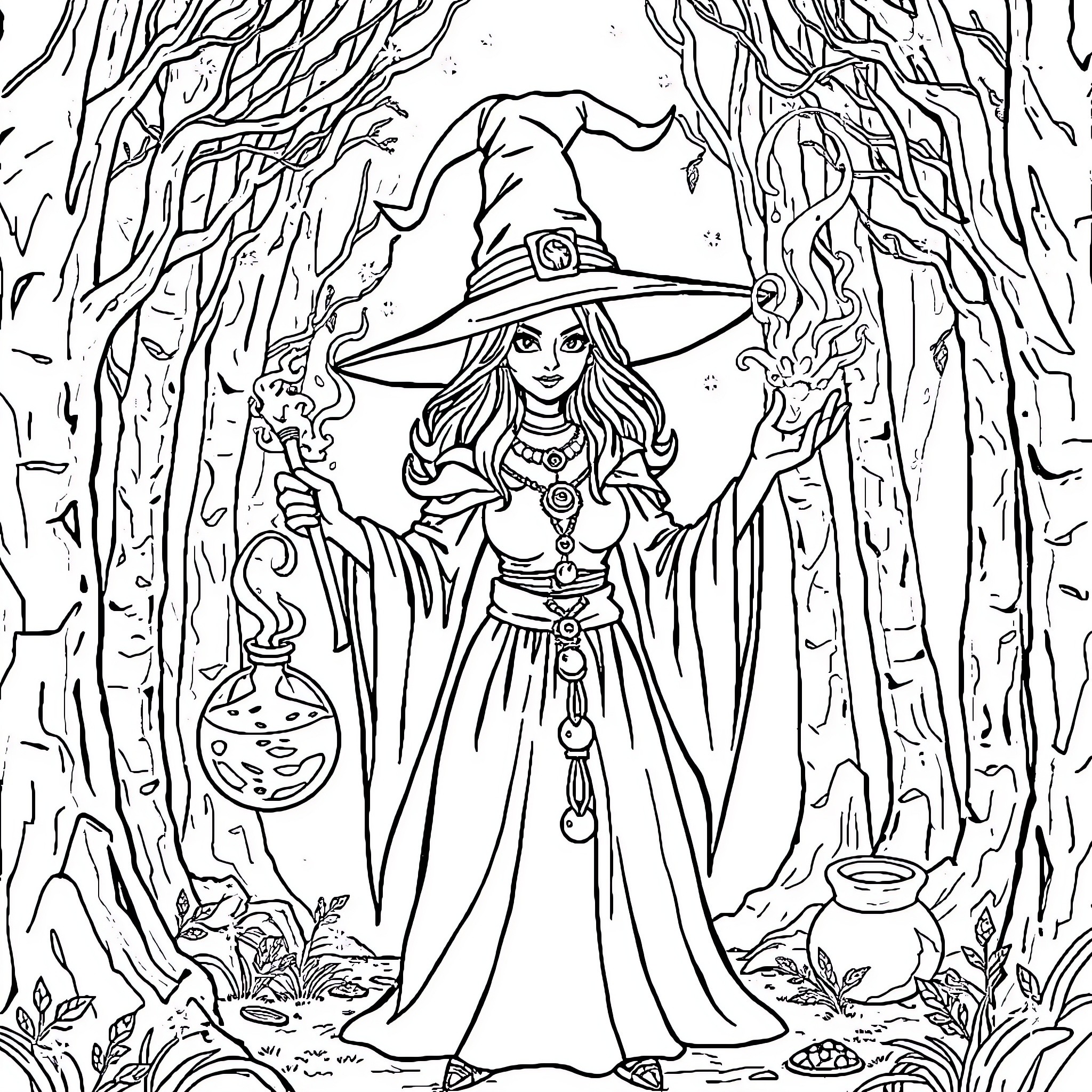 Sorceress Casts Enchanting Spells in Enchanted Forest Coloring Page (free black-and-white line drawing printable PDF for all, from beginners to advanced learners, including children, teens, adults, and seniors)