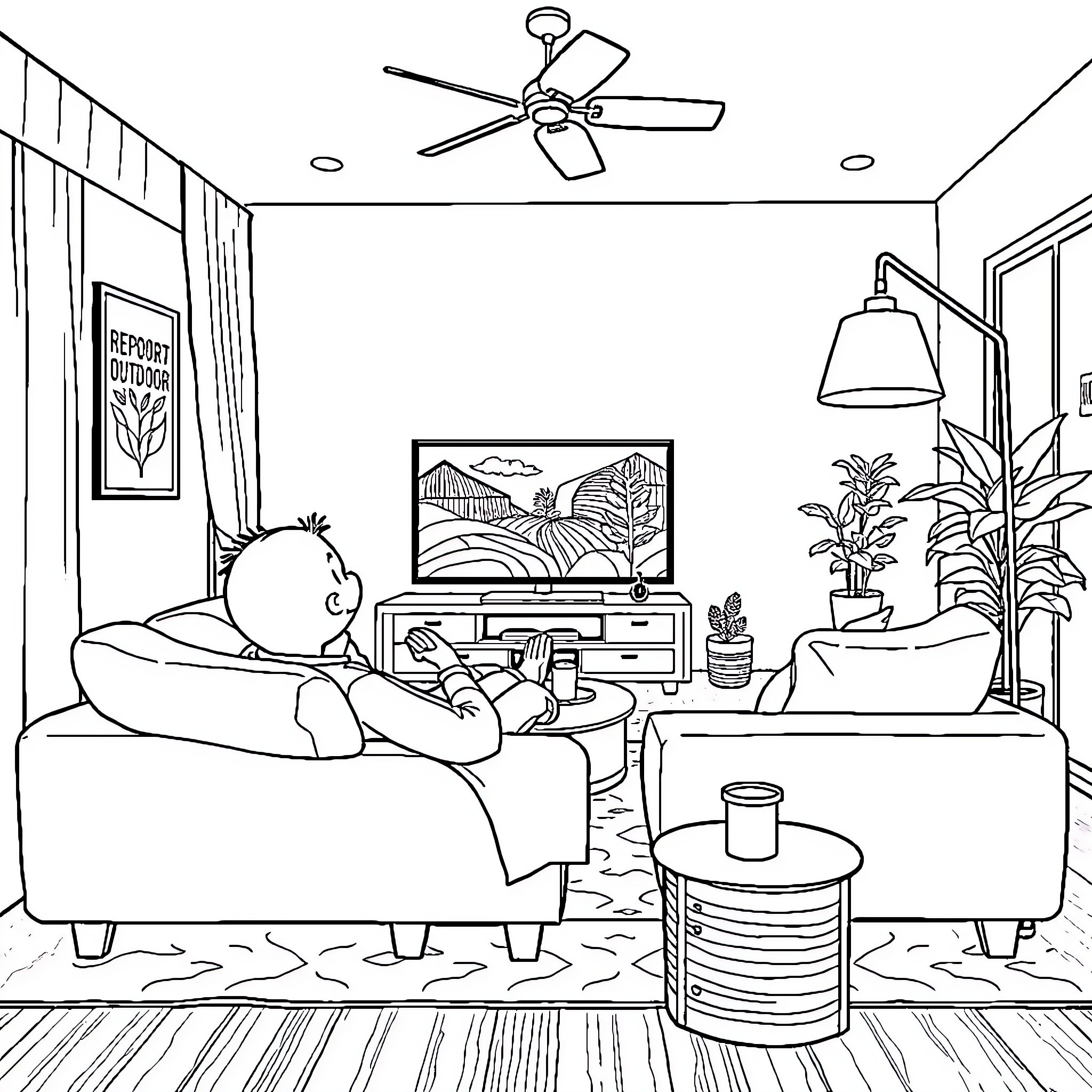 Karakter Kartun relaxing comfortably in living room Coloring Page (free black-and-white line drawing printable PDF for all, from beginners to advanced learners, including children, teens, adults, and seniors)