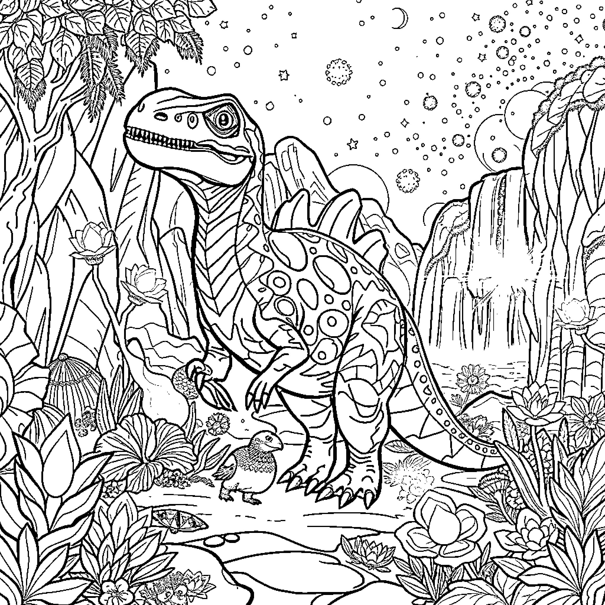 Dinosaur exploring a vibrant prehistoric landscape Coloring Page (free black-and-white line drawing printable PDF for all, from beginners to advanced learners, including children, teens, adults, and seniors)