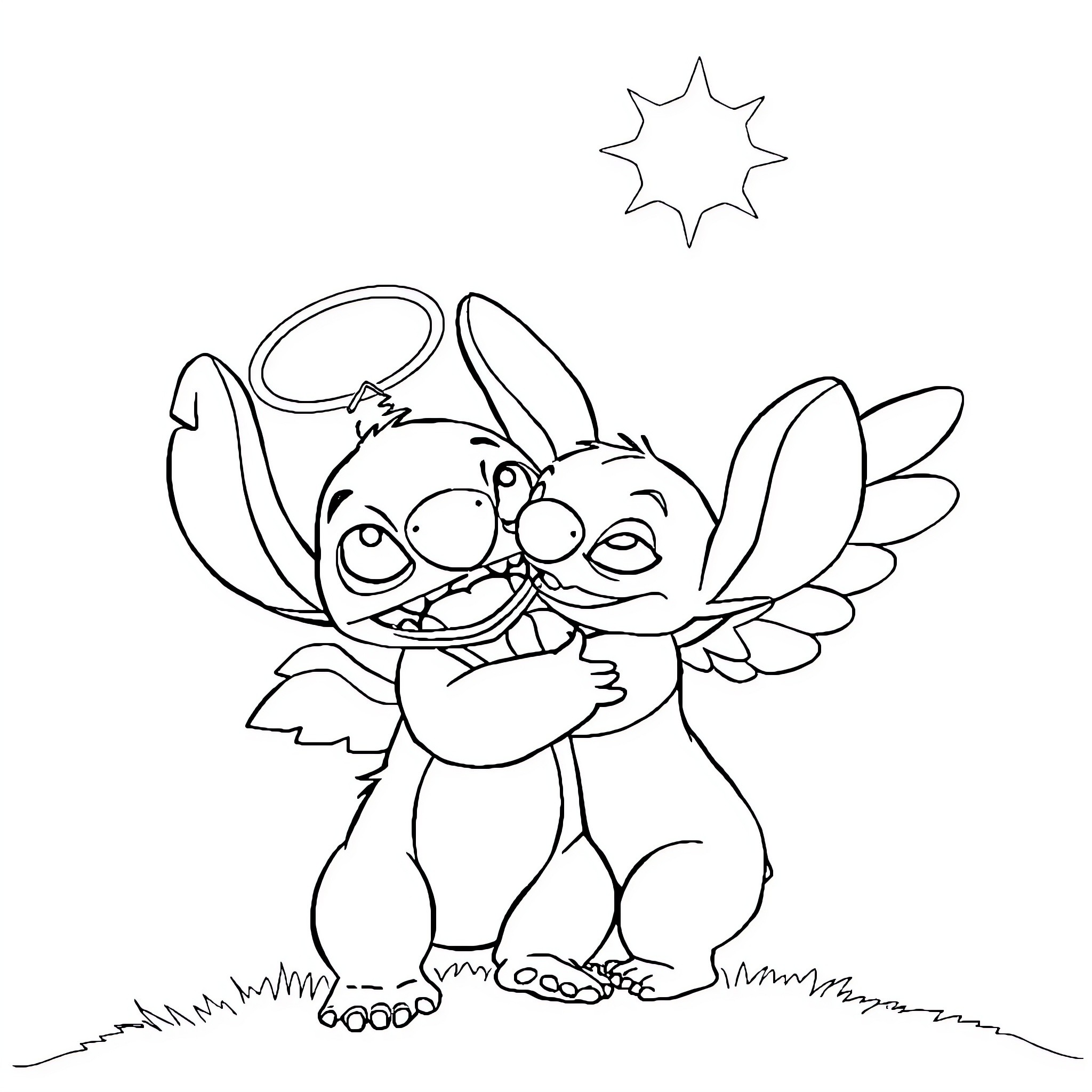 Angel Stitch Playing Joyfully in the Meadow Coloring Page (free black-and-white line drawing printable PDF for all, from beginners to advanced learners, including children, teens, adults, and seniors)