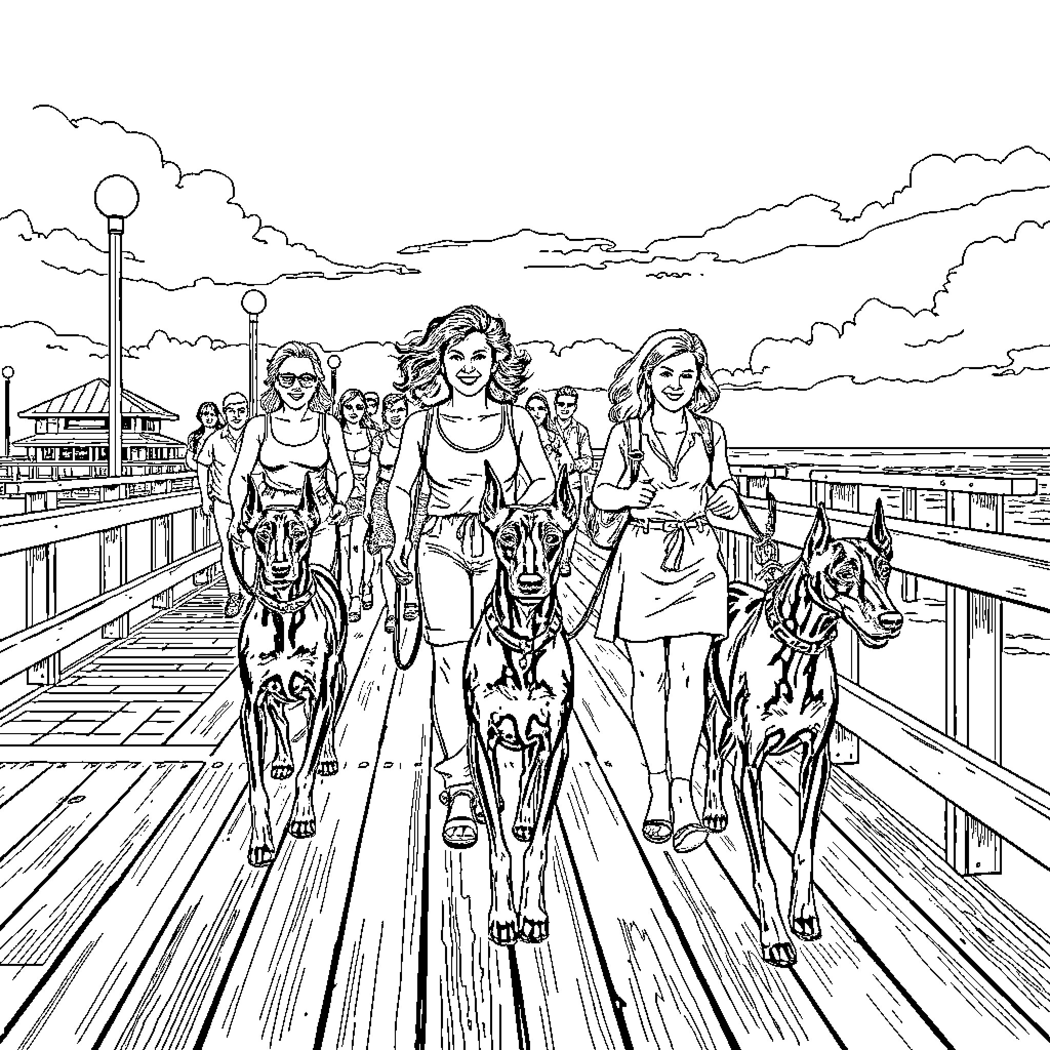 Doberman companions walking on a scenic boardwalk Coloring Page (free black-and-white line drawing printable PDF for all, from beginners to advanced learners, including children, teens, adults, and seniors)