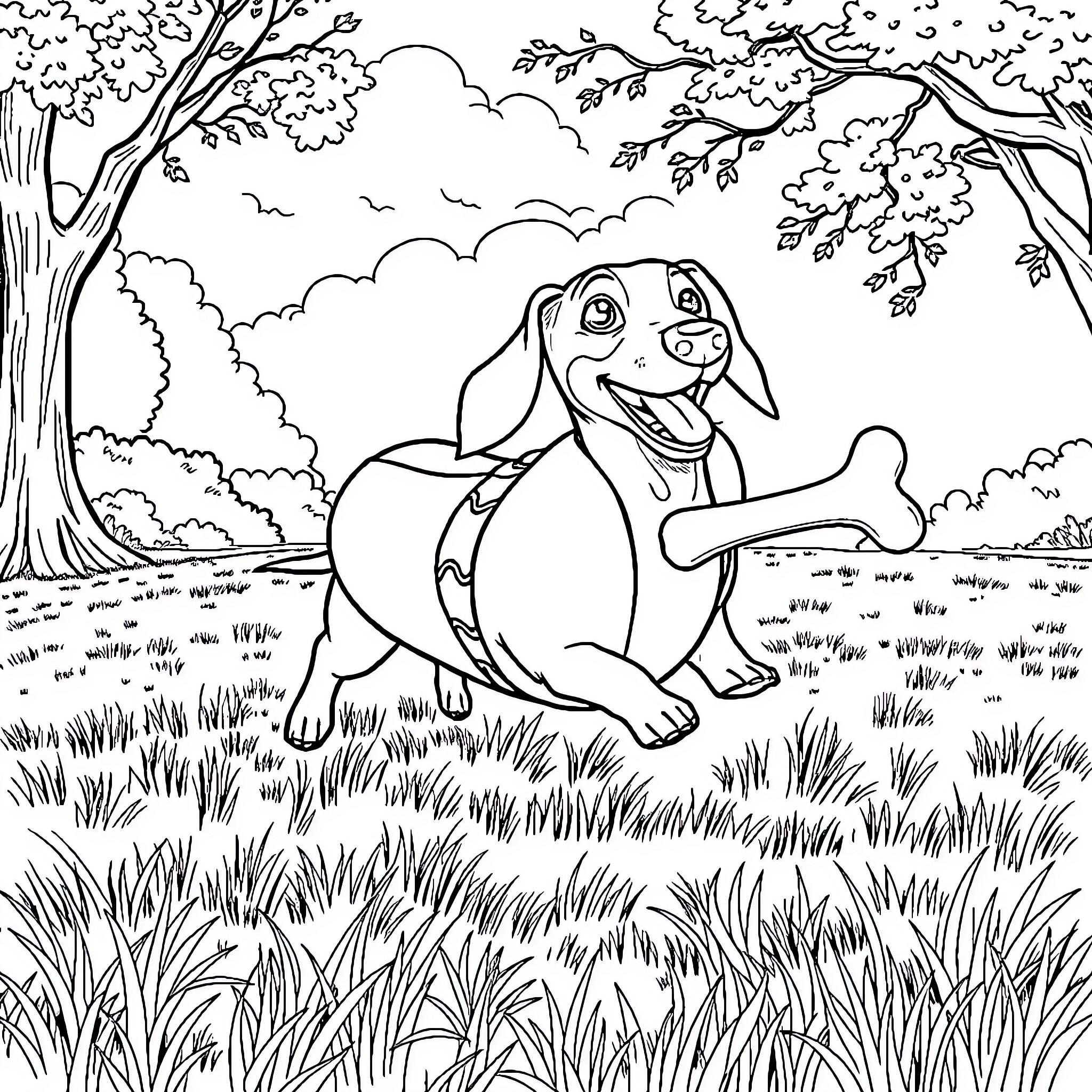 Dachshund enjoying outdoor scenery in the park Coloring Page (free black-and-white line drawing printable PDF for all, from beginners to advanced learners, including children, teens, adults, and seniors)