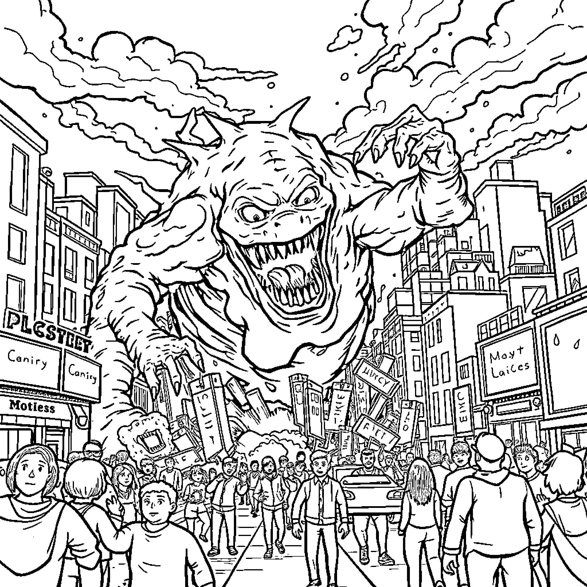 Monster Rampaging Through City Streets With Crowds Coloring Page (free black-and-white line drawing printable PDF for all, from beginners to advanced learners, including children, teens, adults, and seniors)