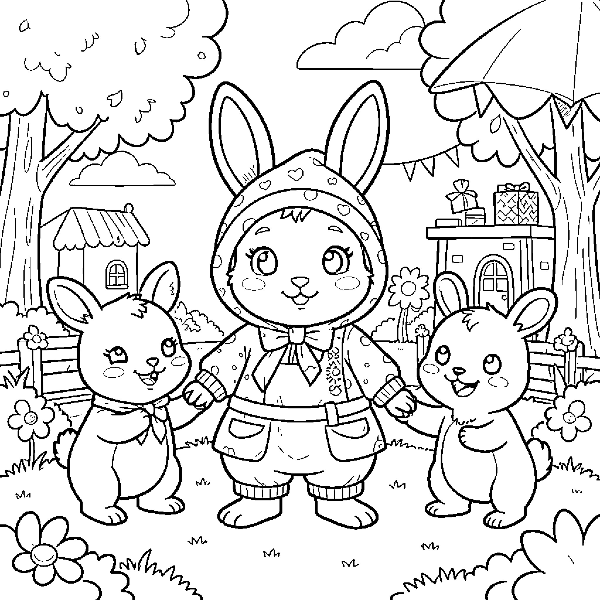 Conejo characters in a cheerful outdoor scene Coloring Page (free black-and-white line drawing printable PDF for all, from beginners to advanced learners, including children, teens, adults, and seniors)