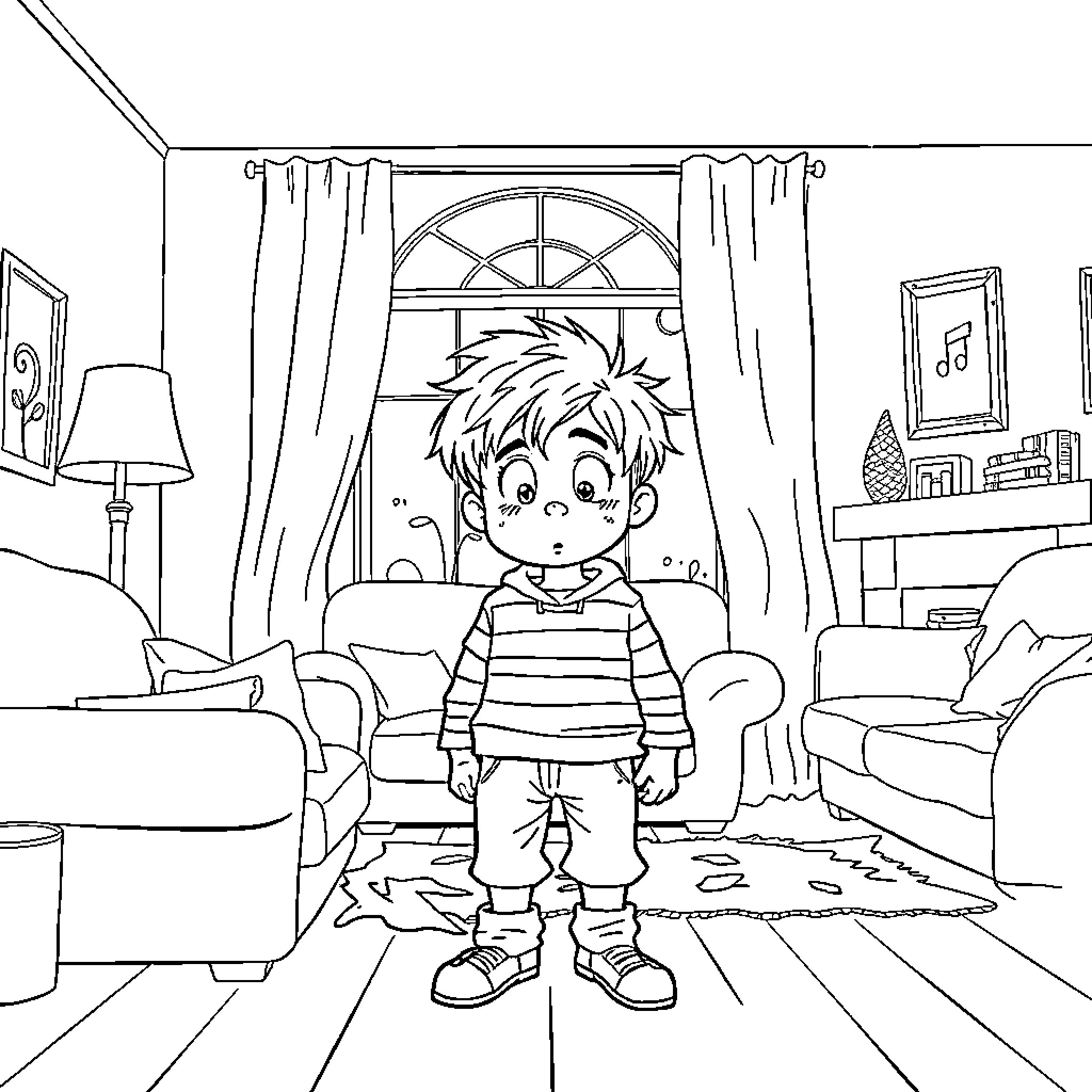 Kevin McAllister's Mischievous Adventure in the Home Coloring Page (free black-and-white line drawing printable PDF for all, from beginners to advanced learners, including children, teens, adults, and seniors)