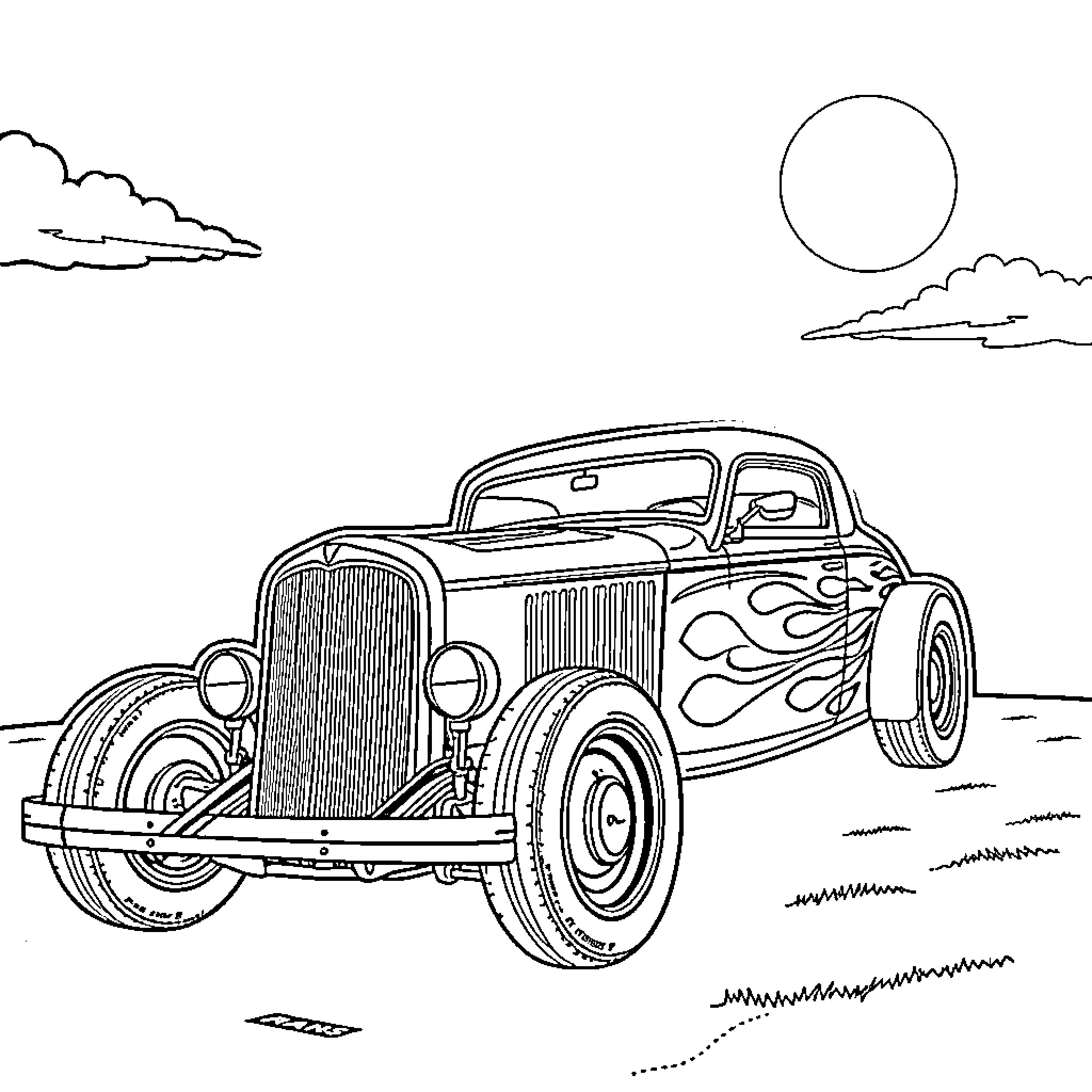 Hot Rod with Flames on the Road Coloring Page (free black-and-white line drawing printable PDF for all, from beginners to advanced learners, including children, teens, adults, and seniors)