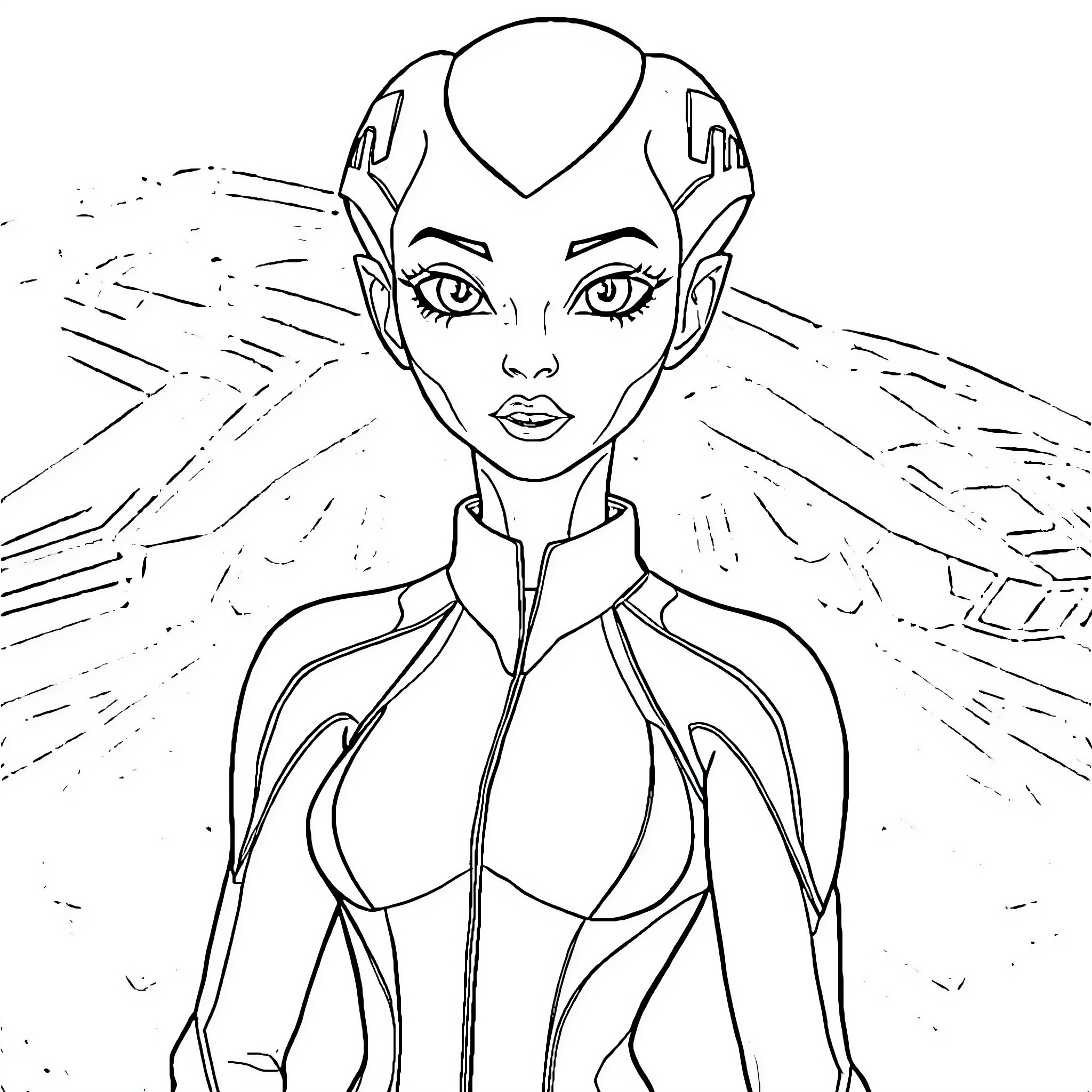 Liara in heroic action pose Coloring Page (free black-and-white line drawing printable PDF for all, from beginners to advanced learners, including children, teens, adults, and seniors)