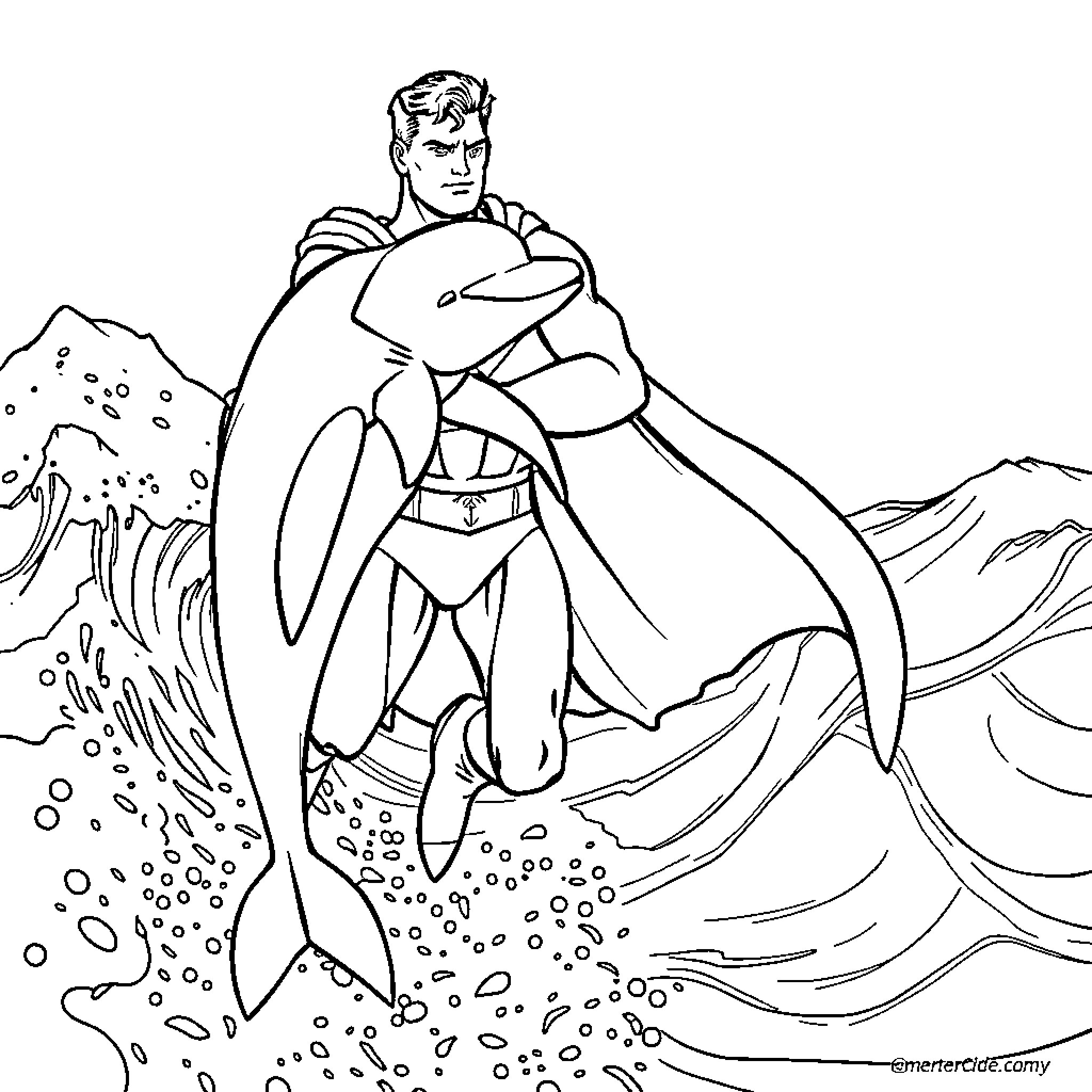 Superman soaring through the clouds with determination Coloring Page (free black-and-white line drawing printable PDF for all, from beginners to advanced learners, including children, teens, adults, and seniors)