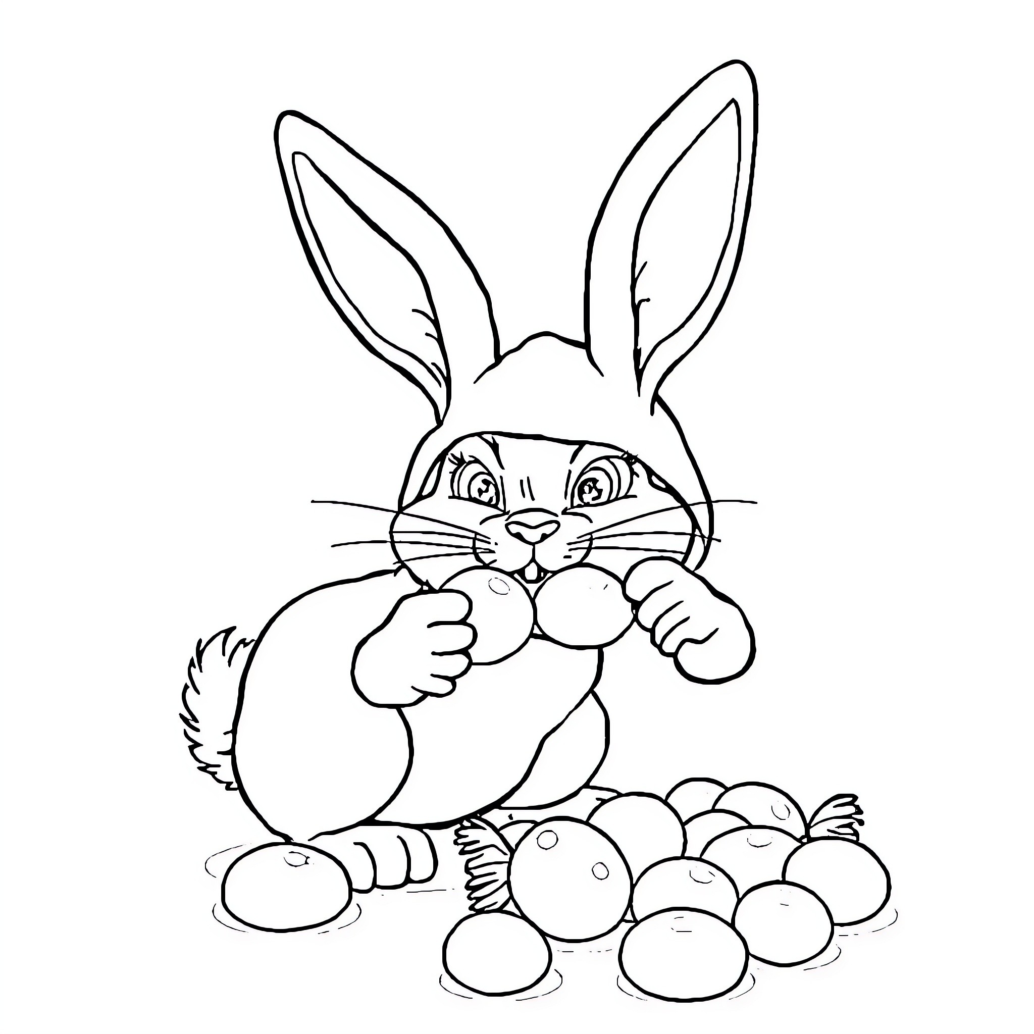 Bunny Collecting Colorful Eggs Coloring Page (free black-and-white line drawing printable PDF for all, from beginners to advanced learners, including children, teens, adults, and seniors)
