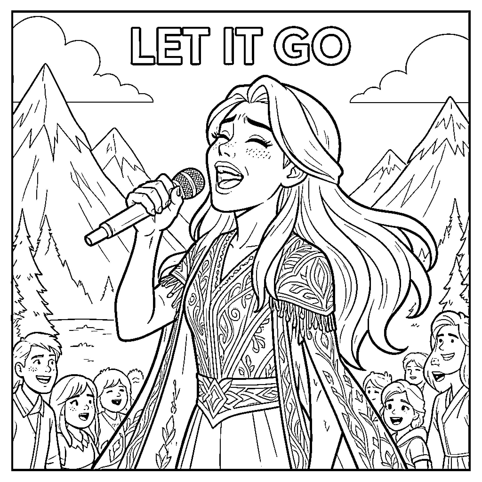 Let It Go, singing joyfully with a microphone Coloring Page (free black-and-white line drawing printable PDF for all, from beginners to advanced learners, including children, teens, adults, and seniors)