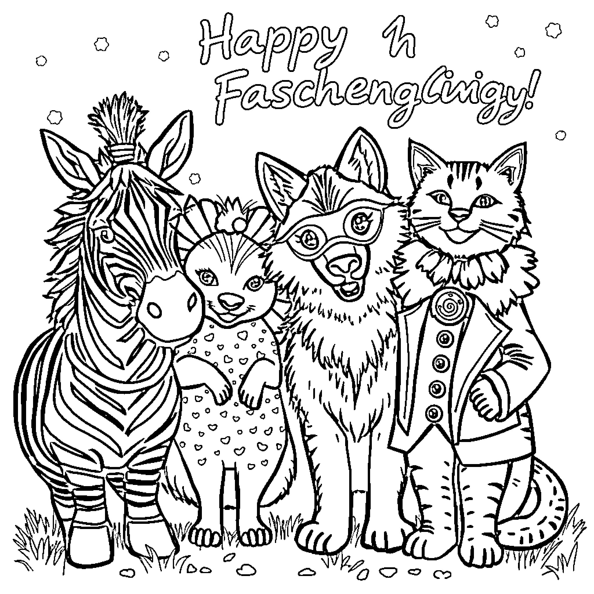 Zebra and friends celebrate Fasching festival Coloring Page (free black-and-white line drawing printable PDF for all, from beginners to advanced learners, including children, teens, adults, and seniors)