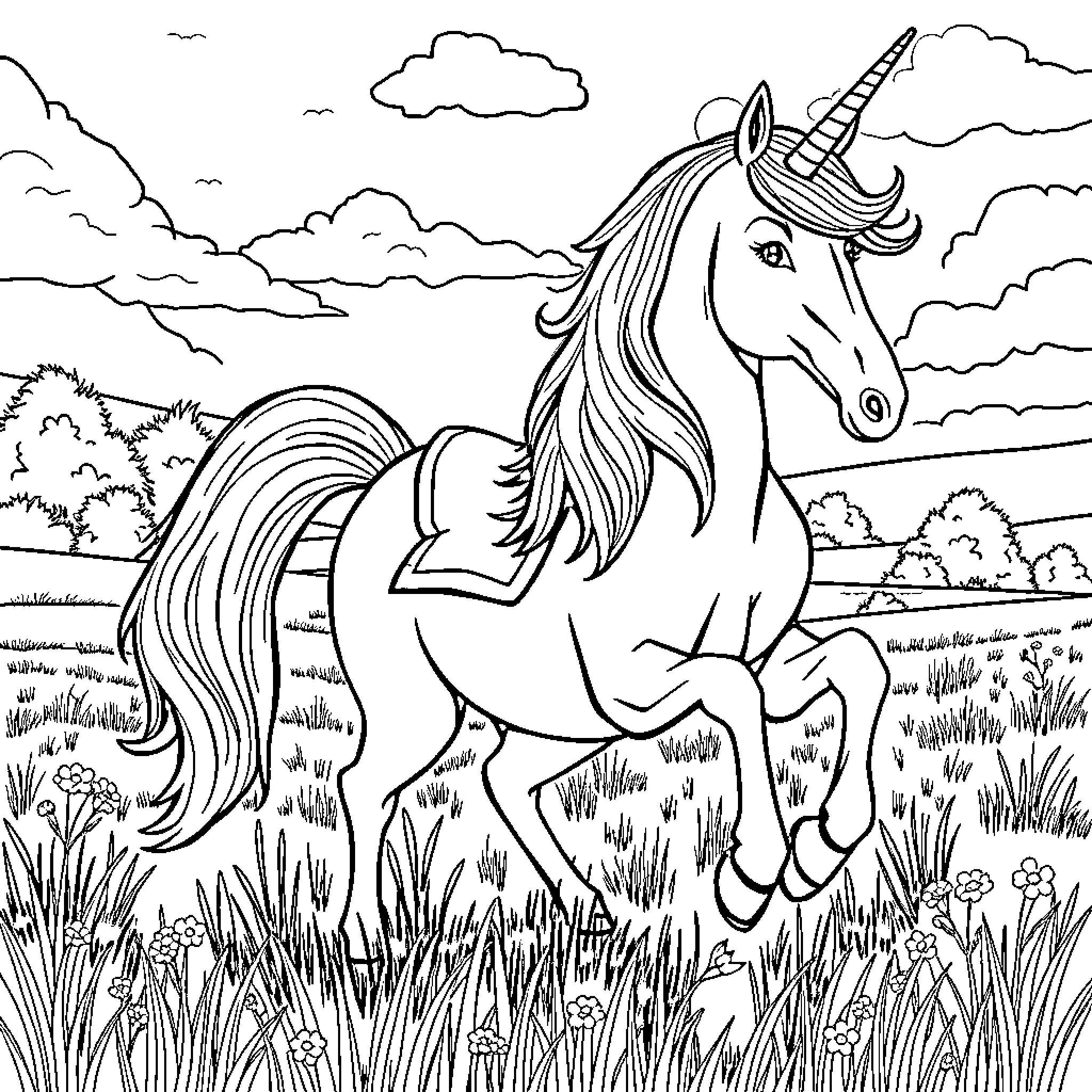 Unicorn prancing through a magical meadow Coloring Page (free black-and-white line drawing printable PDF for all, from beginners to advanced learners, including children, teens, adults, and seniors)
